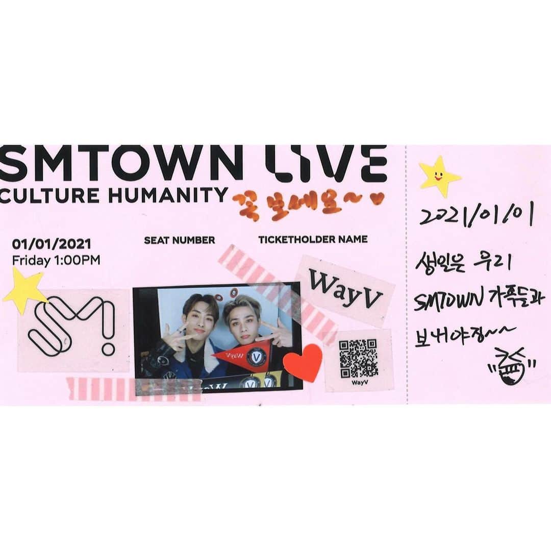 Way Vさんのインスタグラム写真 - (Way VInstagram)「💌SMTOWN LIVE Ticket from #WayV has arrived! ⠀ ➫ 01.01.21 1PM KST ➫ 31.12.20 8PM PST ➫ 31.12.20 11PM EST ⠀ During this difficult time of COVID 19, enjoy the SMTOWN LIVE “Culture Humanity” that will encourage and cheer you up for free all around the world. ⠀ 코로나 19로 힘든 시기, 서로를 격려하고 위로하는 SMTOWN LIVE “Culture Humanity” 전 세계에서 무료로 즐겨요. ⠀ 在这抗击“COVID-19”的艰难时期，SMTOWN LIVE “Culture Humanity”演唱会将进行全球免费直播，希望可以安慰和鼓励到大家，让我们一起享受演出吧。 ⠀ #SMTOWN_LIVE_Culture_Humanity #KUN #WINWIN #威神V #SMTOWN_LIVE #SMTOWN ⠀」12月28日 22時26分 - wayvofficial