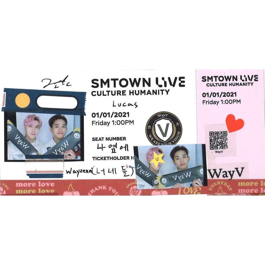 Way Vさんのインスタグラム写真 - (Way VInstagram)「💌SMTOWN LIVE Ticket from #WayV has arrived! ⠀ ➫ 01.01.21 1PM KST ➫ 31.12.20 8PM PST ➫ 31.12.20 11PM EST ⠀ During this difficult time of COVID 19, enjoy the SMTOWN LIVE “Culture Humanity” that will encourage and cheer you up for free all around the world. ⠀ 코로나 19로 힘든 시기, 서로를 격려하고 위로하는 SMTOWN LIVE “Culture Humanity” 전 세계에서 무료로 즐겨요. ⠀ 在这抗击“COVID-19”的艰难时期，SMTOWN LIVE “Culture Humanity”演唱会将进行全球免费直播，希望可以安慰和鼓励到大家，让我们一起享受演出吧。 ⠀ #SMTOWN_LIVE_Culture_Humanity #LUCAS #黄旭熙 #HENDERY #黄冠亨 #威神V #SMTOWN_LIVE #SMTOWN ⠀」12月28日 22時27分 - wayvofficial