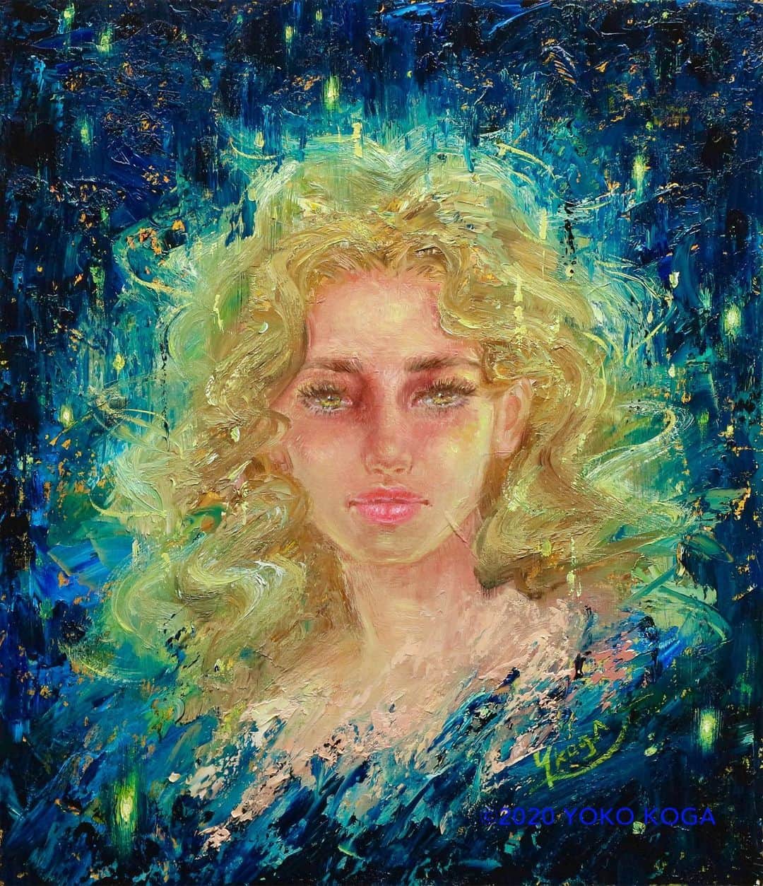 古賀陽子のインスタグラム：「“The Star” 2020, oil on canvas, 530×455mm "星” F10号 ・ ———————————————————————  #アート #アーティスト #アートワーク  #アートコレクター #画家 #美術館 #作品 #絵画展 #アートのある暮らし #絵のある暮らし #アート好きな人と繋がりたい #ギャラリー #油絵 #人物画 #美人画 #神戸 #color #beautiful #nymph #exhibit #artistsoninstagram #oiloncanvas #art #artwork #gallery #artist #painting #exhibition #古賀陽子 #yokokoga」