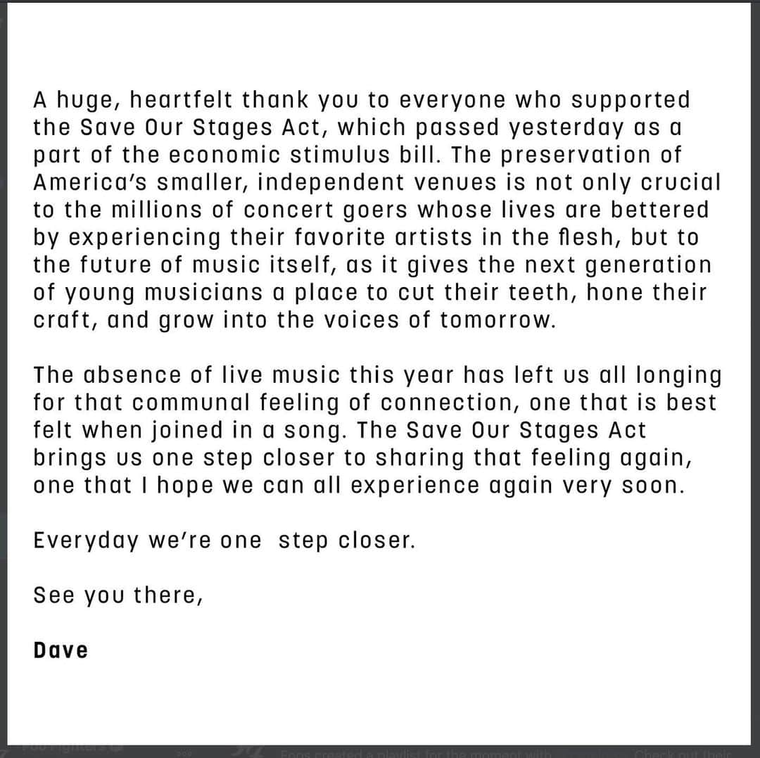 フー・ファイターズのインスタグラム：「Thank You. #saveourstages」