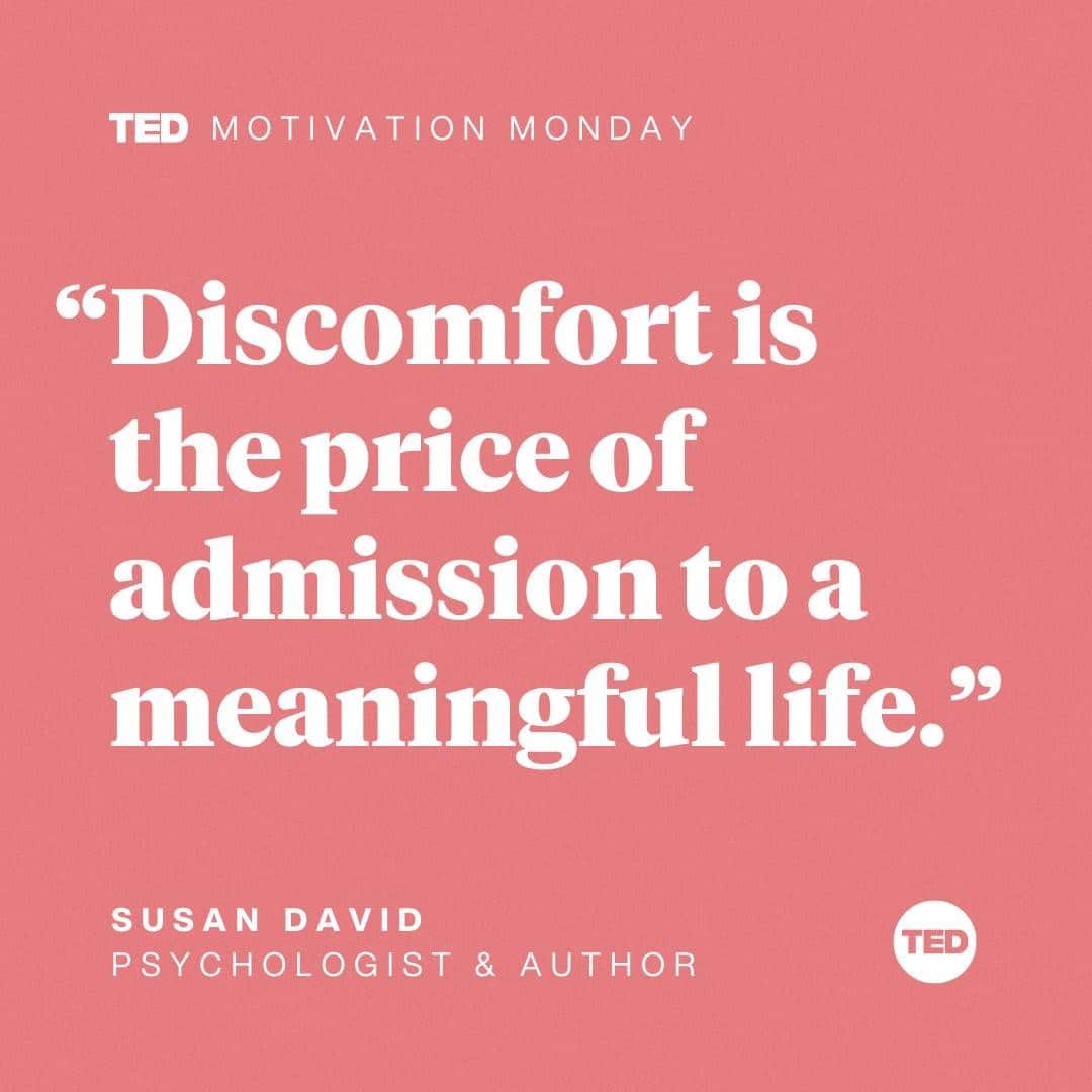 TED Talksのインスタグラム：「Are you able to sit with your discomfort? If you want to develop your resilience and start to thrive, you need to start to listen to your most difficult emotions like anger, fear and disappointment. According to psychologist @SusanDavid_PhD, our emotions can tell us a lot about our values and the best course of action to take — but only if we let go of our preconceived ideas about them. "The conventional view of emotions as good or bad, positive or negative, is rigid," David says in her TED Talk. "And rigidity in the face of complexity is toxic." To hear more on how you can better identify, accept and listen to all your emotions — even the negative ones — click the link in our bio. #MondayMotivation」