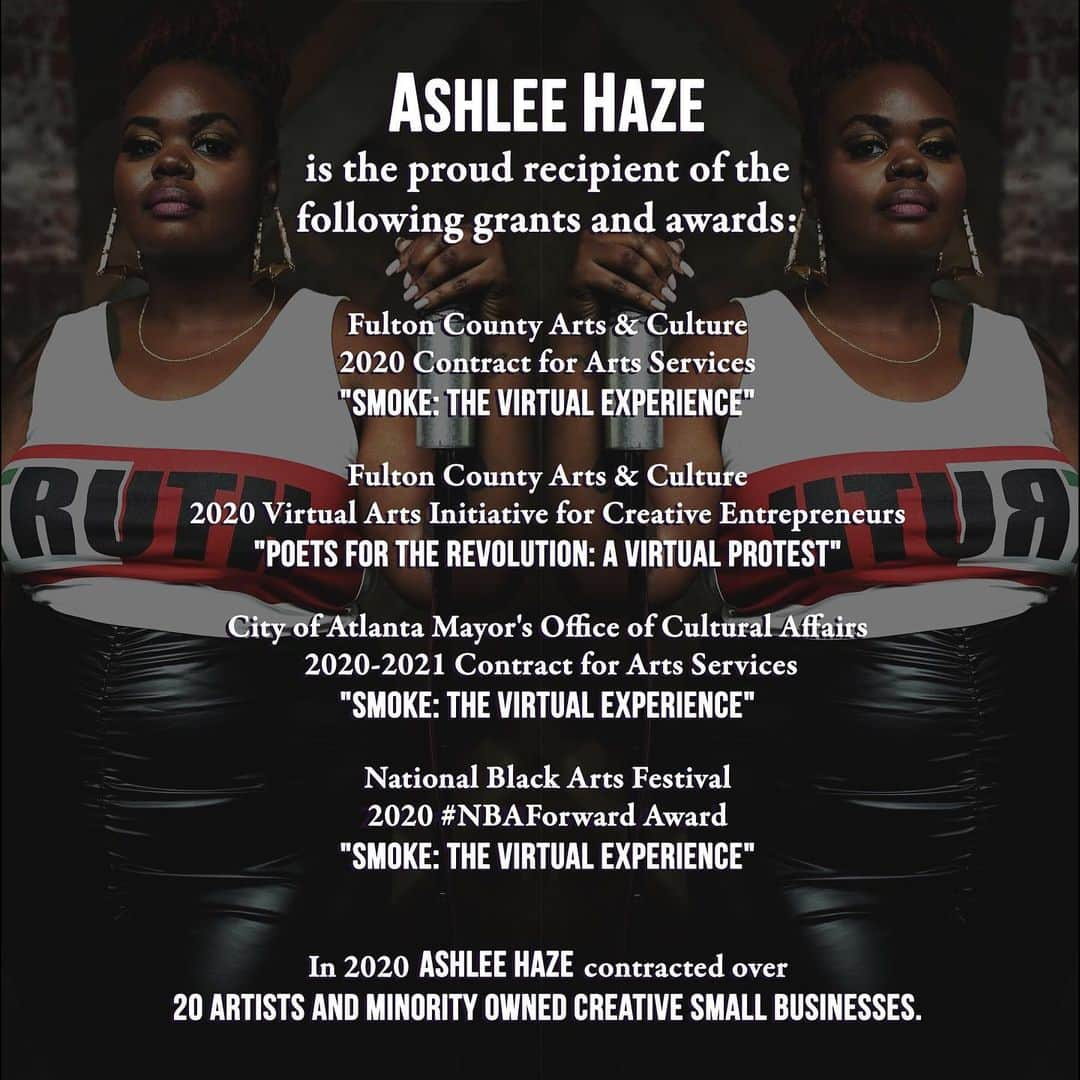 アシュリー・ヘイズのインスタグラム：「I worked hard this year. I lost my touring business and turned my attention to sustainable art solutions. I leaned in to asking for help.  I’m so grateful for the support of my community. I’m grateful to be an active participant in social justice by redistributing resources for artists. I still have a long way to go and if you are interested in partnering with Ashlee Haze or associated brands please visit www.ashleehaze.com/support. #ashleehaze #arts #poetry #fundraising #creatives」