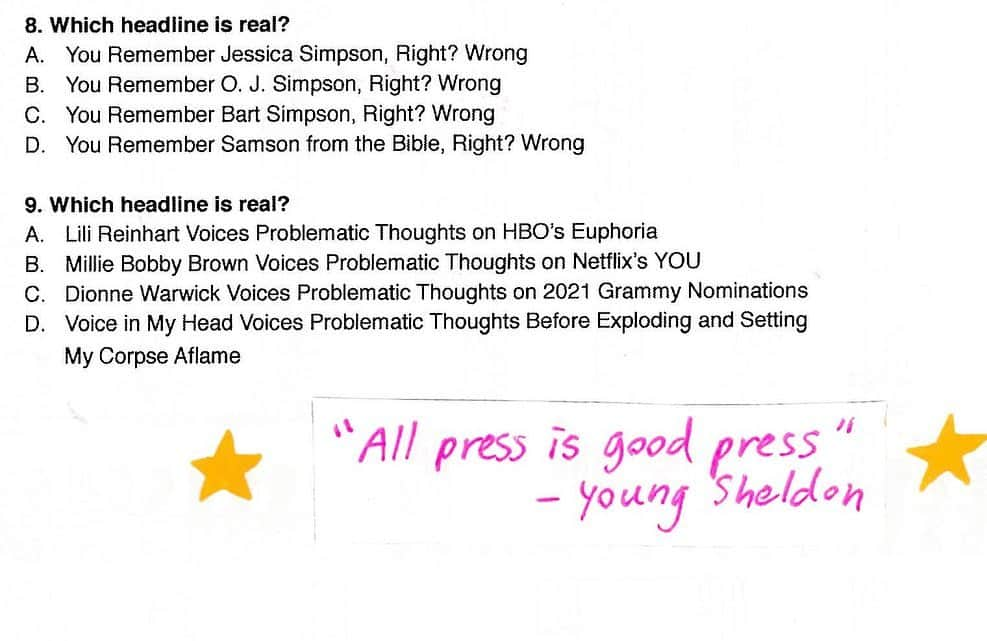 タヴィ・ゲヴィンソンさんのインスタグラム写真 - (タヴィ・ゲヴィンソンInstagram)「Instead of my yearly roundup of inane headlines, I have written a headline QUIZ! Find the whole thing (plus comics etc) in my new zine 🥸 at etsy.me/3aEnIxV 🔗 all proceeds go to @foodbank4nyc Brooklyn❣️  Donations to their #5BoroughChallenge are being matched till Dec 31, so $1 = 10 meals. If you can give more: foodbanknyc.org/teambrooklyn」12月29日 0時17分 - tavitulle