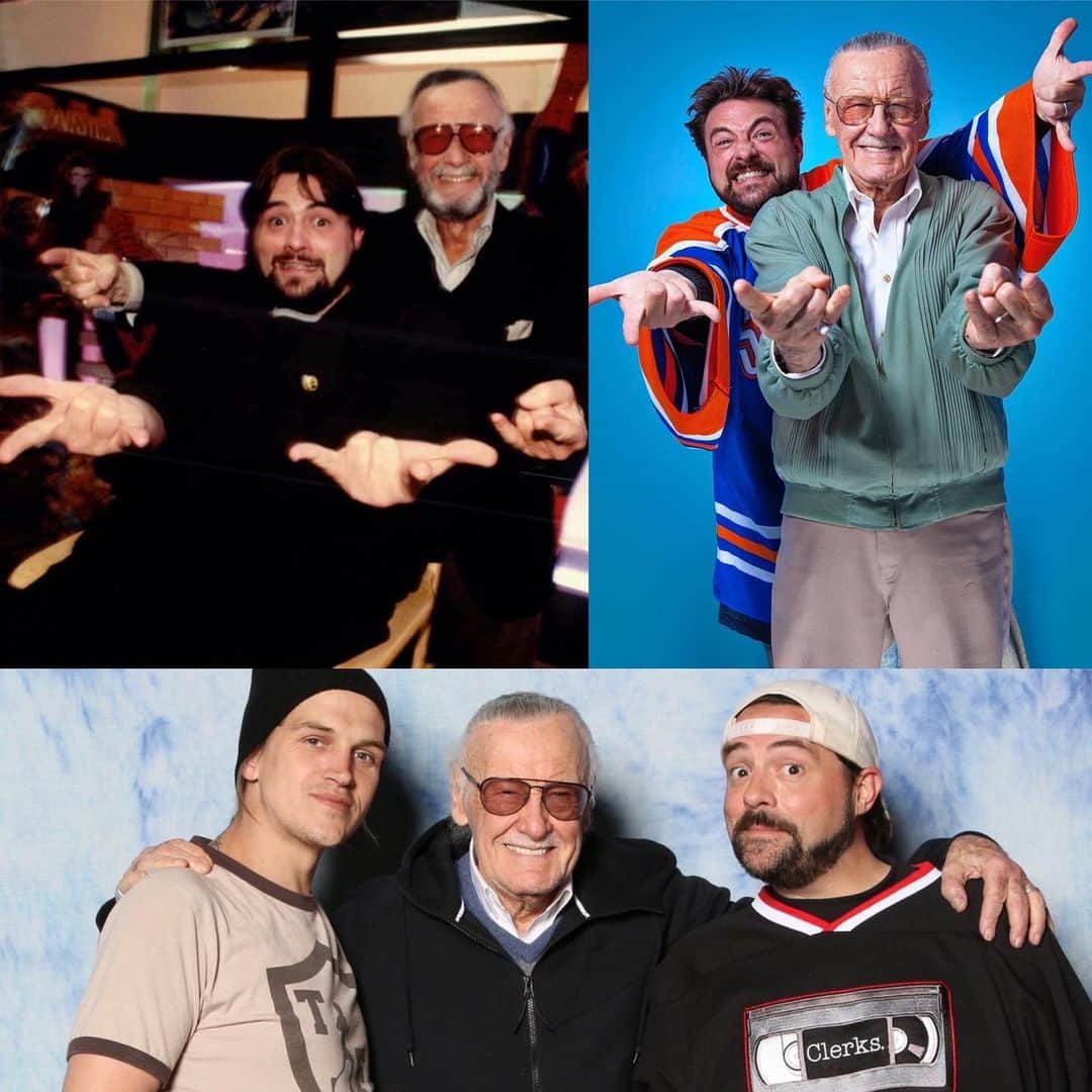 ケヴィン・スミスのインスタグラム：「SPIDER-HANDS WITH STAN THE MAN!  In a world with a far better timeline than this one, @therealstanlee would be celebrating his 98th birthday today! I was lucky enough to call this legendary icon a friend from 1995 forward, but I was a fan first. As such, I never lost my sense of awe and appreciation for who Stan was and how his imagination had made my life better. The first pic of me and Mister Lee was shot by #carlosontal and taken on the first day I met my mentor on the set of #Mallrats - March 15, 1995. The pic beside it (taken by @allanamato) was snapped 17 years later in 2012, on the set of the @hulu show SPOILERS. The third pic is from the “Stan Lee School of Cameo Acting” spot we shot for @audi when #ageofultron was in theaters, with fellow Rats @jaymewes, me, and @michael_rooker (also pictured: @theofficiallouferrigno, @tarareid, and @jordanmonsanto, who was very pregnant with little @loganleemewes at the time). And the fourth pic was taken on Stan’s last birthday party (his 95th). To say The Man made a deep cultural impact is a gross understatement, as we’re still enjoying the copious characters and sensational stories Stan and his merry @marvel cohorts gave us decades ago! But I’m happy to say Stan made a deep impact on me as a human being as well. Whoever said you should never meet your heroes never met Stan Lee! #KevinSmith #stanlee #spiderhands #icon #marvel」