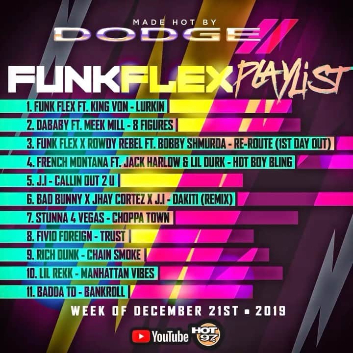 ファンクマスター・フレックスのインスタグラム：「PLAYLIST MANAGER: @wilmajor   1 @FunkFlex ft. @kingvonfrmdao - Lurkin (Prod. by @funkflex x @bmcbeats ) @inflexwetrust @markbuol 2 @DaBaby ft. @MeekMill - 8 figures (Pord. @wizzlegotbeats @iamdjkid )  @arnoldltaylor @interscope 3 @FunkFlex x @RowdyRebel ft. @realbobbyshmurdags9 - Re-Route(1st Day Out) (Prod by @funkflex x @luisbordeaux x @nonnativemusic ) @fettylucianogs9 @bean_ishhh @iamsylviarhone @ezekillewis @june_biz  4 @FrenchMontana ft. @JackHarlow & @LilDurk - Hot Boy Bling (Prod by @JetsonMade #1stClass  #Starboy @JasperHarris ) @salxo @cashxo  5 @iamj.i - Callin out 2 U (Prod by @a.infamy ) @gstarr_mgmt @interscope 6 @BadBunnyPR x @jhaycortez x @iamj.i - Dakiti (remix) (Prod by #Patience @Tainy #BadBunny #jhaycortez ) 7 @Stunna4Vegas - Choppa Town (Prod by ISM) @DaBaby @interscope 8 @FivioForeign_8fs - Trust (prod. by @axlbeats_1 ) @fsr.management @columbiarecords 9 @richdunk_lok - Chain Smoke #billiondollababyent 10 @lilrekk - Manhattan Vibes (Prod. by @1dayout @elteeprod ) @qp_hbtl + @babydubai_hbtl @highbridgethelabel @sultan100mill 11 @baddathedon - Bankroll」