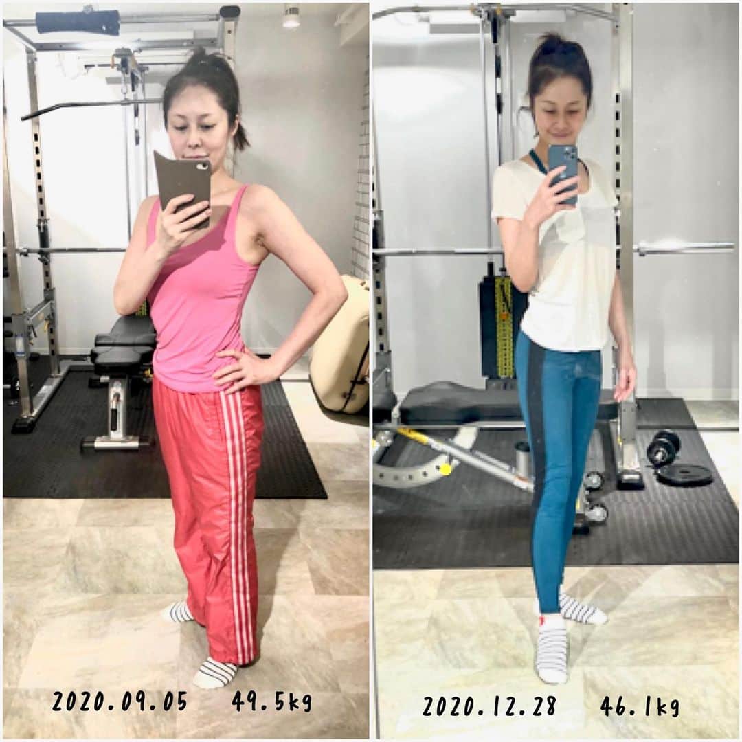 藤井美加子のインスタグラム：「☆﻿ 4ヶ月経過の結果発表🎊﻿ ﻿ 一切の加工なしよ。﻿ 上から顔のサイズ、首の長さ、二の腕、ウエスト、ヒップの位置が変化したと思いませんか？ 姿勢もね！そして携帯もね！﻿ ﻿ 自分次第で確実に結果が出る筋トレは凄いです！しばらくは、私に会うと筋トレ話しがウザイかも知れません。笑﻿  ﻿ ﻿ ﻿ #トレーニング#ヒップアップ#パーソナルトレーニング#トレーニング女子#筋トレ#筋トレ女子#ボディメイク#50歳の挑戦#三木美加子#traning#gim#workout#bodymake」