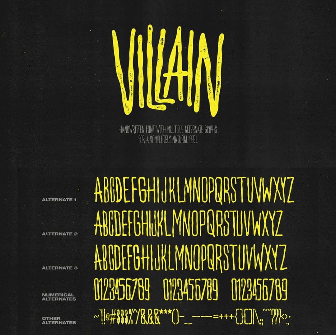 myfontsのインスタグラム：「Clint English is brand-new to MyFonts. His first release – the first of many, we hope – is the super-compressed Villain, chock-full of hand-drawn alternates: https://bit.ly/3nTWw1L」