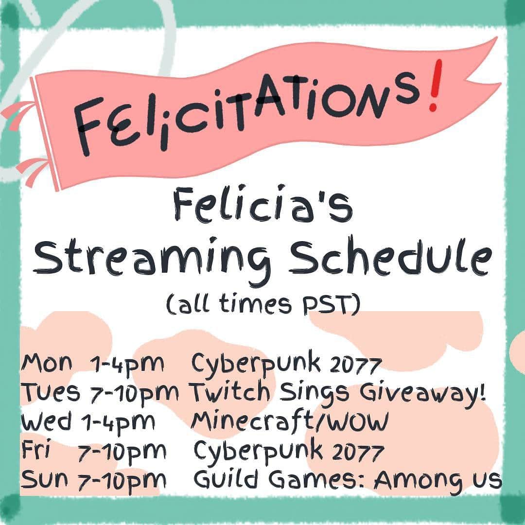 フェリシア・デイのインスタグラム：「Streams this week! Sorry im@late posting! Twitch.tv/feliciaday! Tomorrow (tues) I’ll be doing a ton of giveaways during my karaoke night, to celebrate a great year of streaming (it’s saved my life!) so come by 7-10pm!」