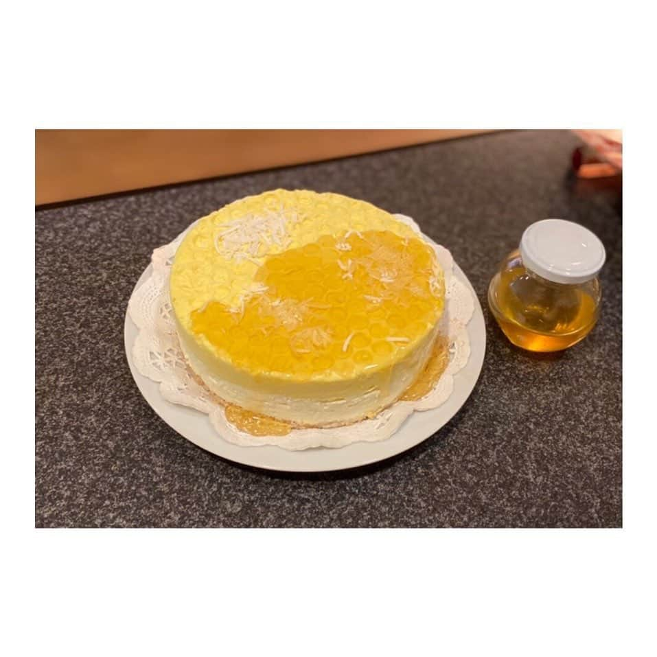 永吉愛のインスタグラム：「うへへ。 クリスマスケーキ作ったんだ🐝🍯 すごかろ  #はちみつチーズケーキ #クリスマスケーキ #はちみつ #honey #bee #honeycheesecake」