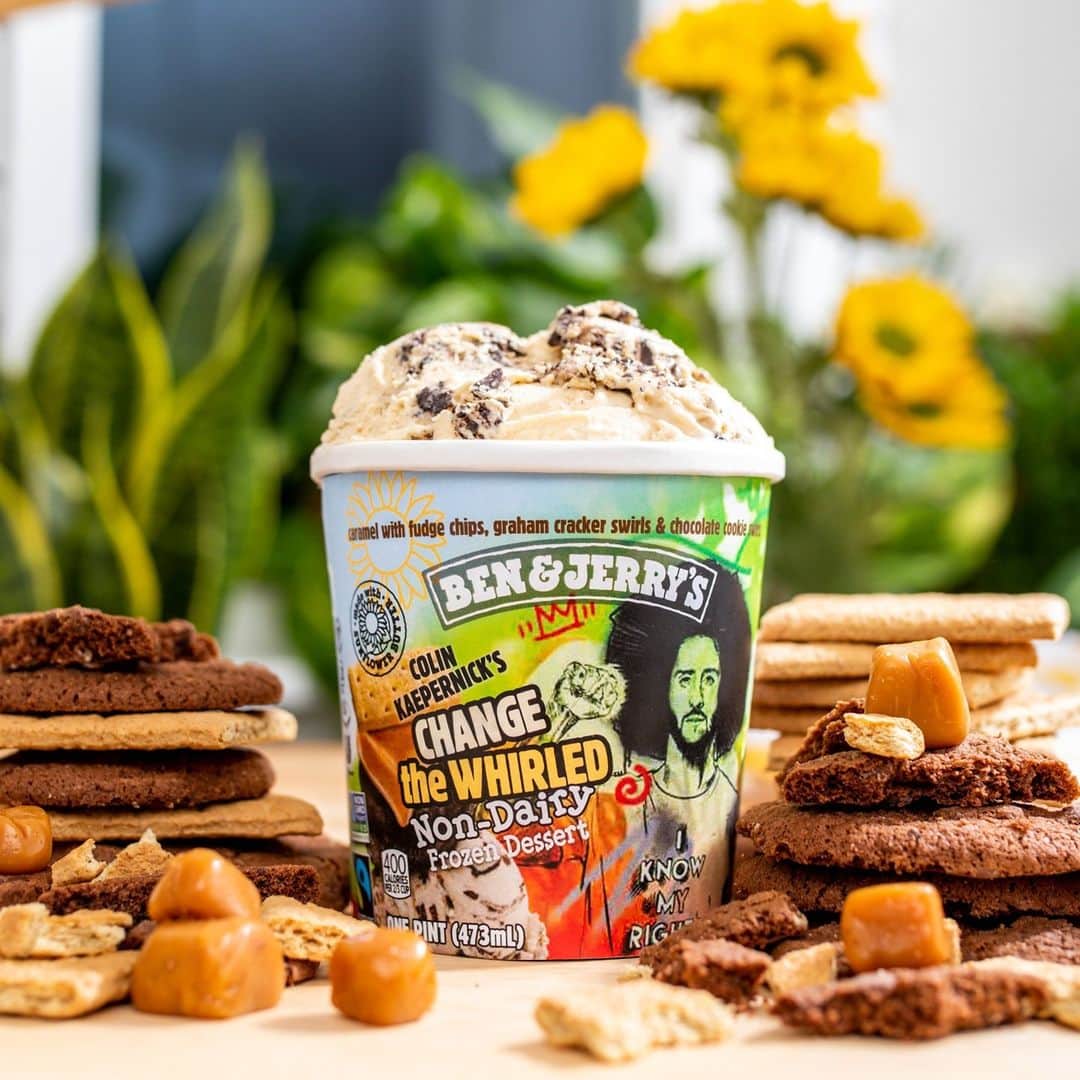 Ben & Jerry'sのインスタグラム：「100% vegan and wholly committed to dismantling systems of oppression — just like Colin. Learn more about NEW Colin Kaepernick's Change The Whirled Non-Dairy at the link in our bio! @kaepernick7 @yourrightscamp」