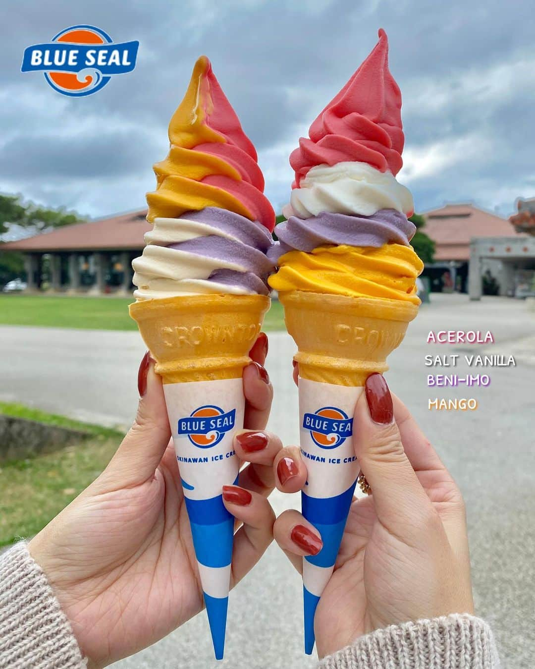 Ayuminさんのインスタグラム写真 - (AyuminInstagram)「🌺ブルーシール🌺 首里城限定ソフト🍦5年ぶりに食べた🤩 4種類の味が楽しめる！左はミックスを積みver. 右は一つずつ積みter.👏👏👏 . ☑️アセロラ ☑️塩バニラ ☑️紅イモ ☑️マンゴー  . ブルーシールはアイスも好きだけど このソフトも好き🍦💓 @blueseal_icecream . スタバクイーン👸🏼メインアカウント ➡︎ @ayumin0220stb . #ブルーシール#ブルーシールアイス#首里城限定#blueseal#bluesealicecream #沖縄旅行#沖縄#那覇グルメ#沖縄グルメ#沖縄ランチ#那覇ランチ #インスタグルメアワード2020#あいなご#ナゴレコ#グルメライター#タビジョ」12月29日 17時42分 - ayumin0220