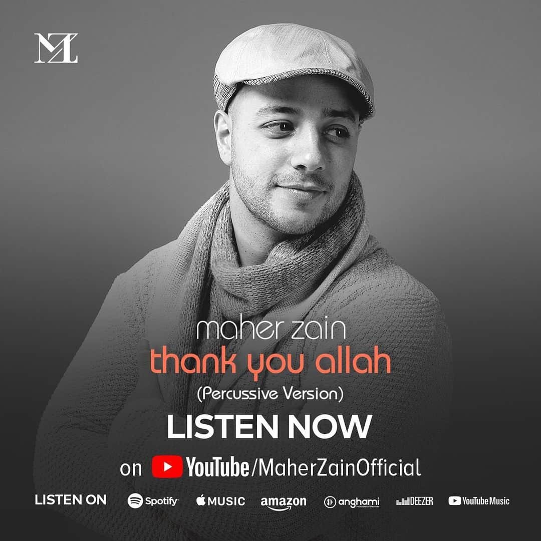 マヘル・ザインのインスタグラム：「“Alhamdu lillah, alhamdu lillah  All praise is to Allah, all praise is to Allah” Watch the new lyric video for the percussive version (نسخة الإيقاع) of my song “Thank You Allah”, now on my YouTube channel! Link in bio 😊🙏🏻  #IslamicMusic #Nasheed #ThankYouAllah #AlhamduLillah」