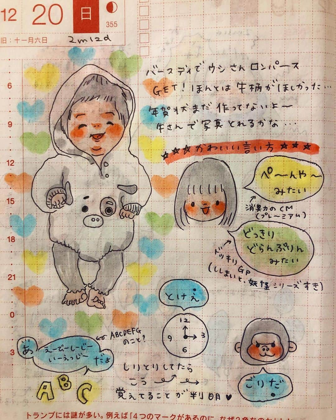 misaさんのインスタグラム写真 - (misaInstagram)「#ほぼ日 #ほぼ日手帳  #ほぼ日絵日記 #絵日記 #育児日記 #育児絵日記 #hobonichi  #イラスト #illust #クリーンカラー#2m12d#生後2ヶ月#4歳#バースデイ」12月29日 22時35分 - m_hobonichi