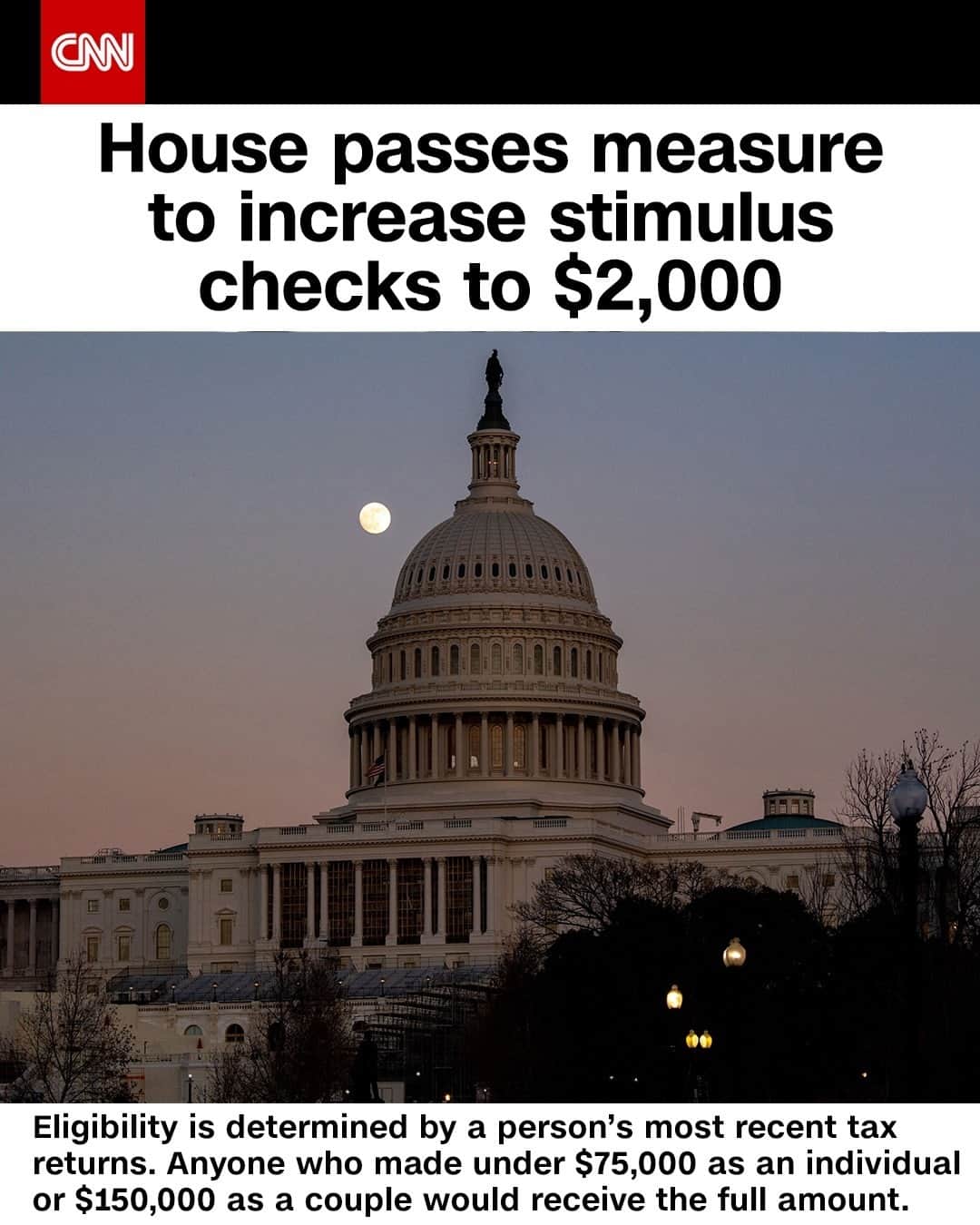 CNNさんのインスタグラム写真 - (CNNInstagram)「The House of Representatives on Monday passed a measure to increase stimulus checks to $2,000 for Americans under a certain income level, sending the bill to the Senate where its future is less certain. On Sunday, Trump signed a sweeping coronavirus relief bill into law, which provided $600 in direct payments. Trump railed against the amount as too low and called for $2,000 checks instead, prompting House Democrats to push for an increase.⁠ (📸: Saul Loeb/AFP/Getty Images)」12月29日 23時17分 - cnn