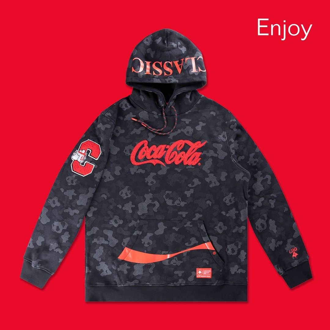 エルアールジーのインスタグラム：「The LRG FOR COCA-COLA® Effective Pullover Hoodie features a custom all over camo print in a reflective application. Contrast chenille patchwork applique at front chest and right upper sleeve, dual tubular cotton draw cords, a contrast screen print at lower left arm and back hood, and a kangaroo pocket with the signature COCA-COLA® Ribbon.」