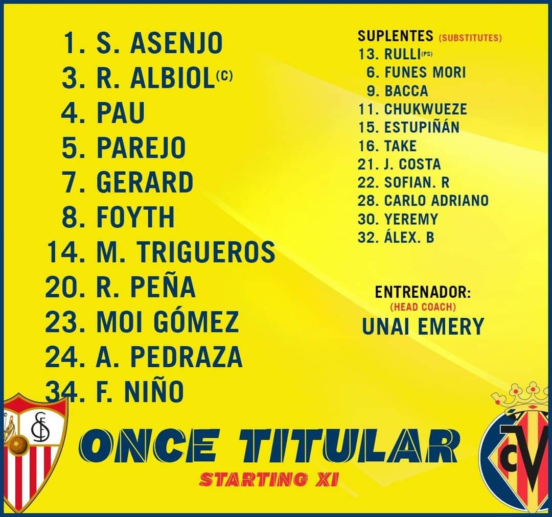 ビジャレアルCFのインスタグラム：「#SevillaFCVillarreal ¡Nuestros últimos once titulares del 2020 🎉! . A partir de las 17.00h, @sevillafc 🆚#Villarreal (en directo por @movistarplus). .  #SevillaFCVillarreal  Our last stating line-up of 2020 🎉! . At 5pm CET, @sevillafc 🆚 #Villarreal (live on LaLigaTV in the UK and Ireland).  #futbol #football #soccer #laliga」