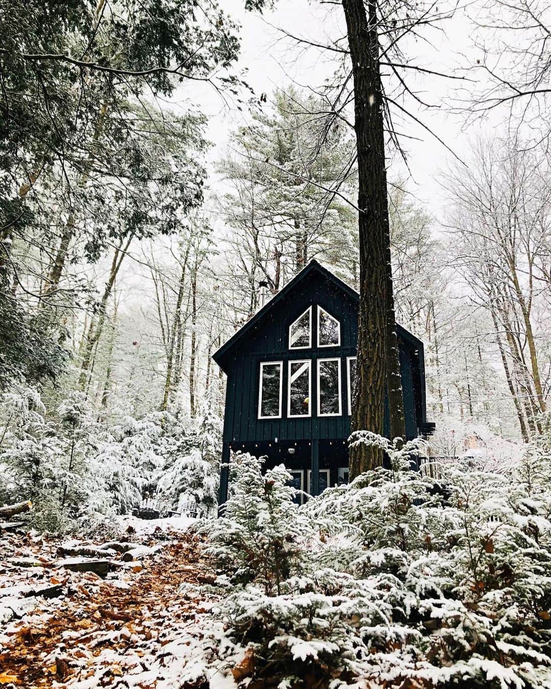 Airbnbのインスタグラム：「It’s simple science: Superhost Karli’s upstate cabin gets cozier with every inch of snow. A spot next to the crackling fire is nice, but to achieve peak snuggliness, you’ll need to climb into the bedroom loft. Even the two-hour drive from NYC feels restorative, especially when you’re meandering high above the Delaware River on the Hawk’s Nest Highway.   Photo: @darby.houseupstate」