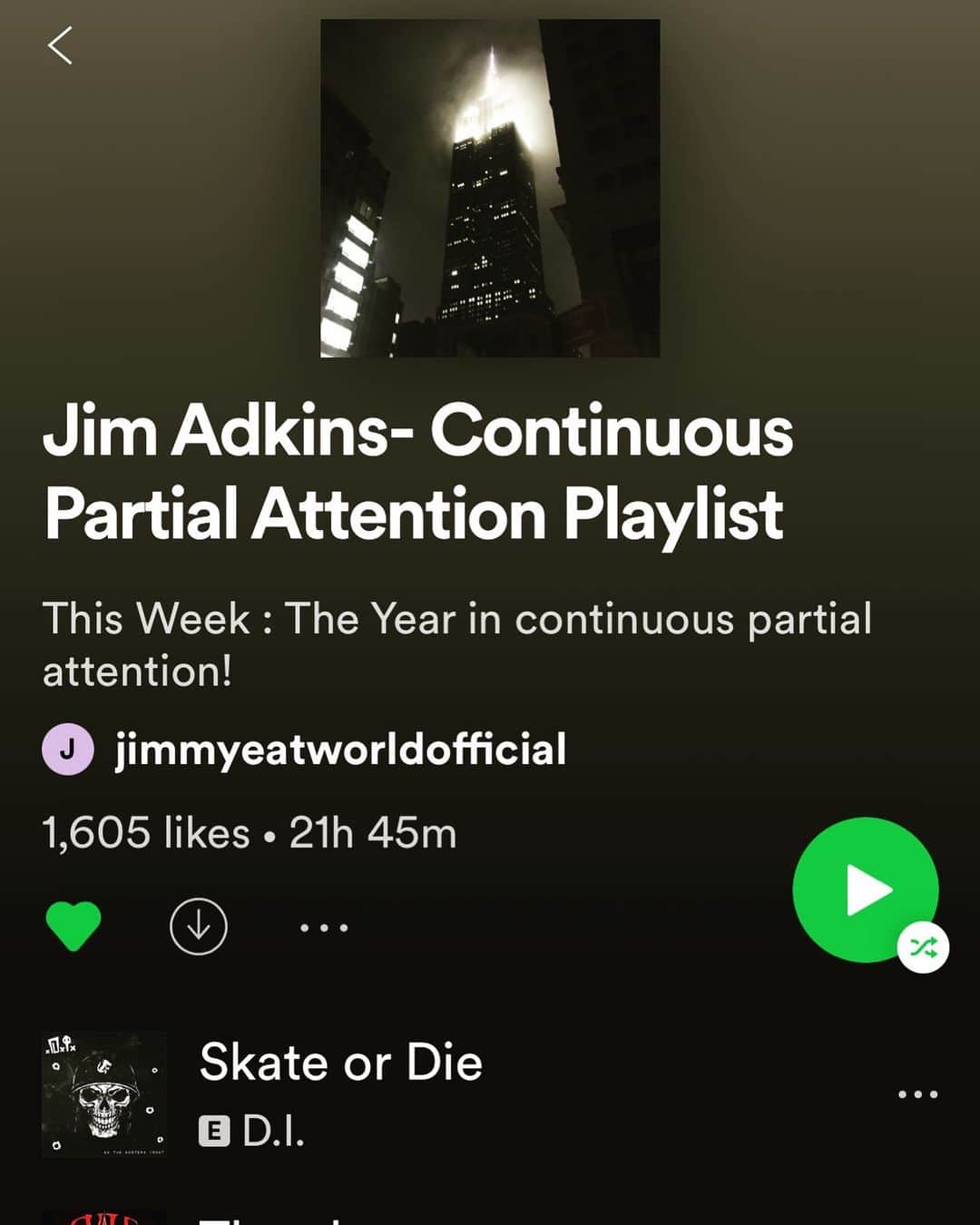 ジム・アドキンスのインスタグラム：「All year I have been running a weekly-ish playlist at the @jimmyeatworld Spotify artist playlist section. Now, for a limited time is the entire year’s worth of songs.  Nearly a whole day of music. Link in zee bio.」
