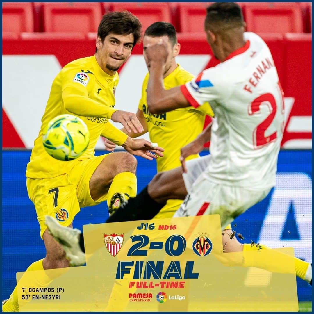 ビジャレアルCFのインスタグラム：「FINAL en Sevilla (2-0). El Submarino cae ante el conjunto hispalense y pone fin a su racha de 19 partidos sin conocer la derrota. . FULL-TIME in Seville (2-0). The Submarine lose and put an end to their 19-match unbeaten run. . #Villarreal #futbol #football #soccer #laliga」