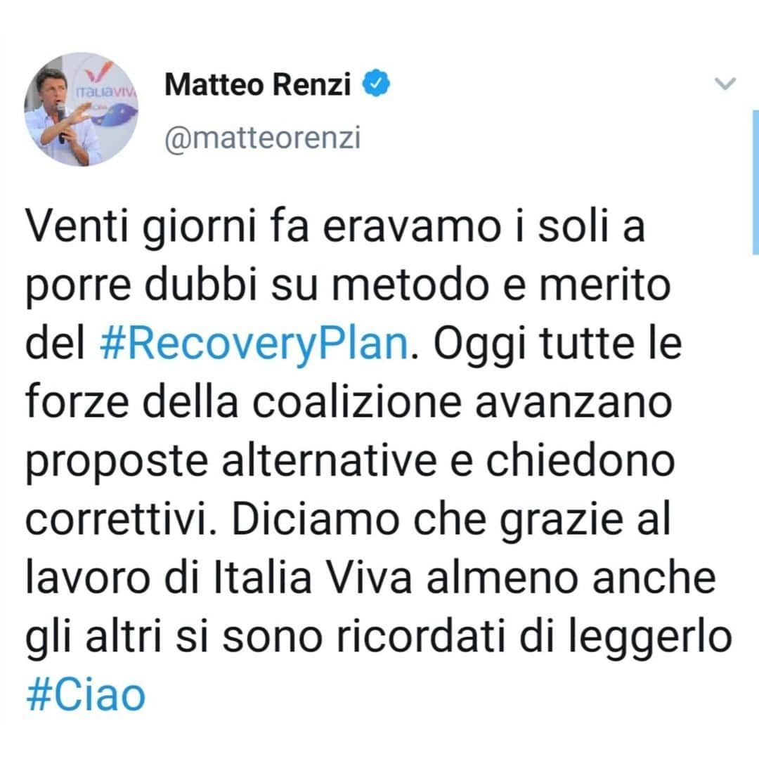 マッテオ・レンツィさんのインスタグラム写真 - (マッテオ・レンツィInstagram)「Venti giorni fa eravamo i soli a porre dubbi su metodo e merito del #RecoveryPlan. Oggi tutte le forze della coalizione avanzano proposte alternative e chiedono correttivi. Diciamo che grazie al lavoro di Italia Viva almeno anche gli altri si sono ricordati di leggerlo #Ciao」12月30日 3時33分 - matteorenzi