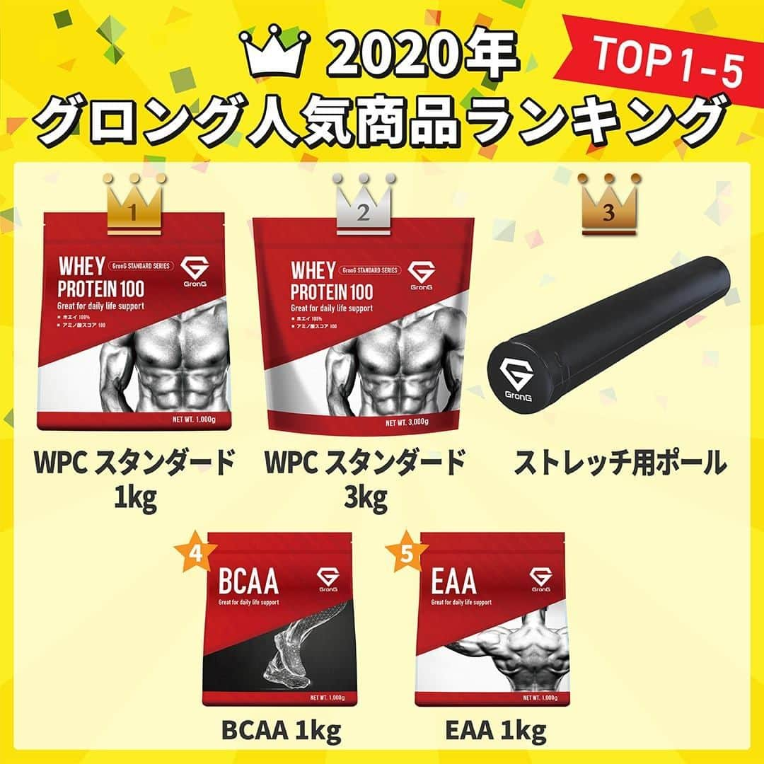 GronG(グロング)さんのインスタグラム写真 - (GronG(グロング)Instagram)「【2020年】グロング 人気商品ランキング👑  今年も残すところあとわずか…… 一年の振り返りとして、グロングの人気商品ランキングを作成いたしました✔️  みなさまの愛用商品はランキング入りしていましたか😉？ 私は9月発売の「ホエイプロテイン100 ベーシック 1kg」が早くもランクインしていたことに驚きました📈  ランキング入りしていない“推し商品”があれば、気軽にコメントをお願いいたします🙋‍♀️  #グロング #grong #緑橋  #プロテイン  #ホエイプロテイン  #たんぱくしつ #蛋白質 #プロテイン補給 #プロテイン摂取 #プロテインパウダー #ホエイプロテイン #ホエイ #たんぱく質 #たんぱく質摂取 #タンパク質 #タンパク質摂取 #タンパク質補給 #アミノ酸 #protein #proteinpowder #wheyprotein #whey #bcaa #eaa #必須アミノ酸 #アミノ酸スコア100 #動物性たんぱく質 #マルトデキストリン #カーボパウダー #難消化性デキストリン」12月30日 12時00分 - grong.jp