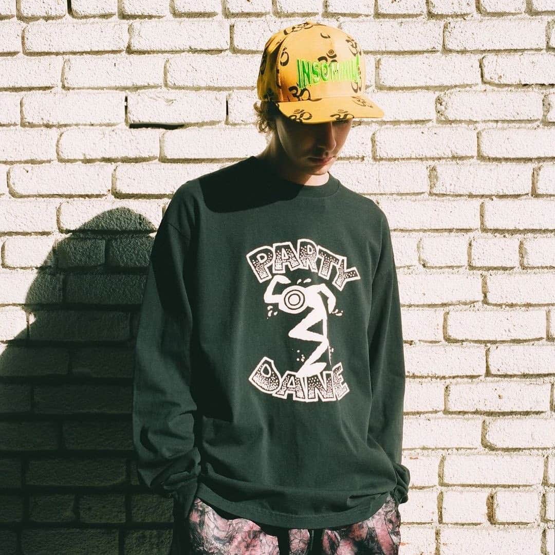 サキャスティックのインスタグラム：「@insomniacltd FALL delivery 2.  Party Dance L/S Tee Black 6.5 oz medium weight cotton T, pre-shrunk, silkscreen print, made in USA.  Celestial Pant Black Tie dyed heavyweight cotton rayon pant, oversized fit, custom drawcords. Made in USA.  OHM Hat Gold Printed and overdyed 5 panel twill snapback, direct embroidery, plastic snap closure.  Made in the USA.」