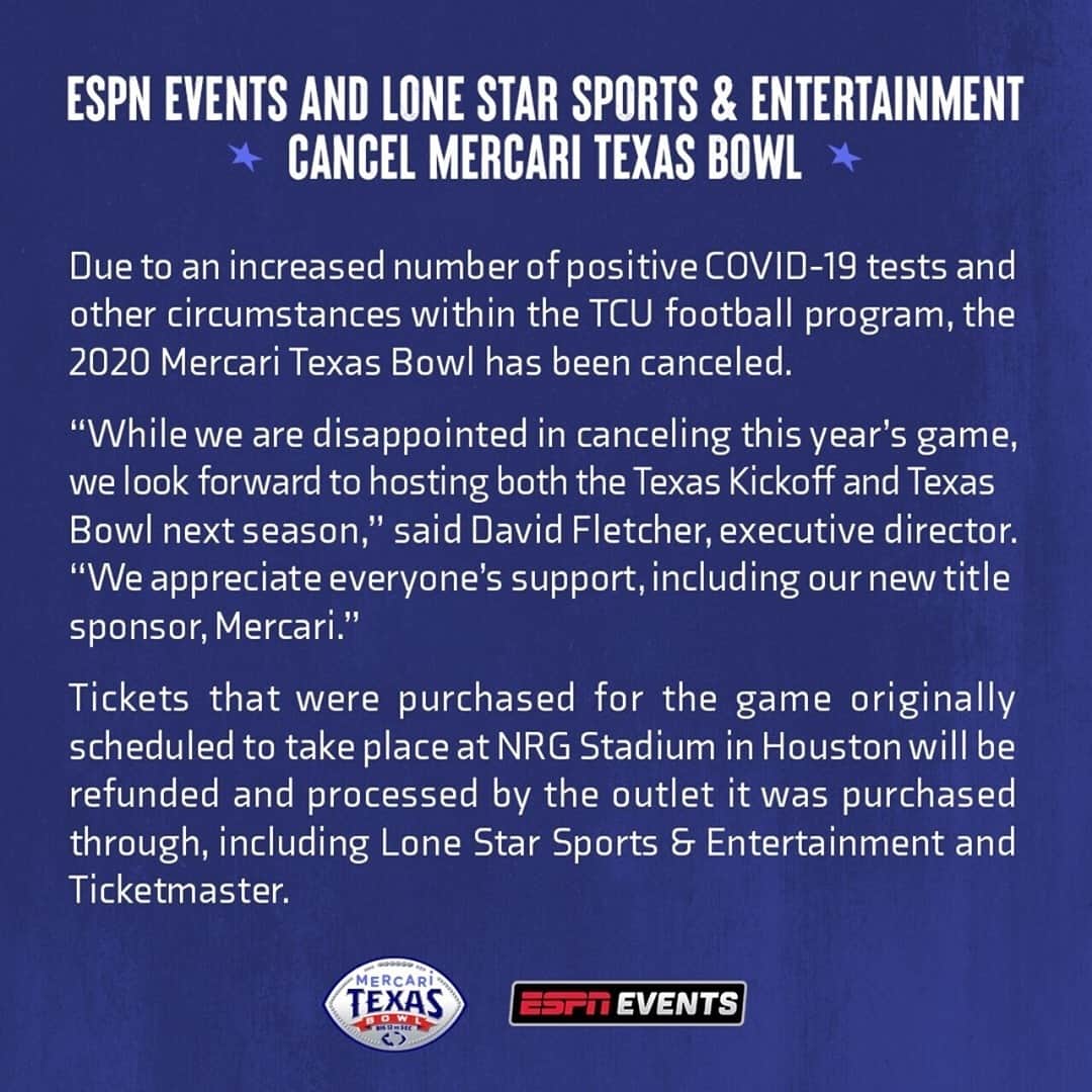 Mercariのインスタグラム：「Due to an increased number of COVID-19 cases, the Mercari Texas Bowl has been canceled. We wish a speedy recovery and good health to all of the players. See link in bio for further details.」