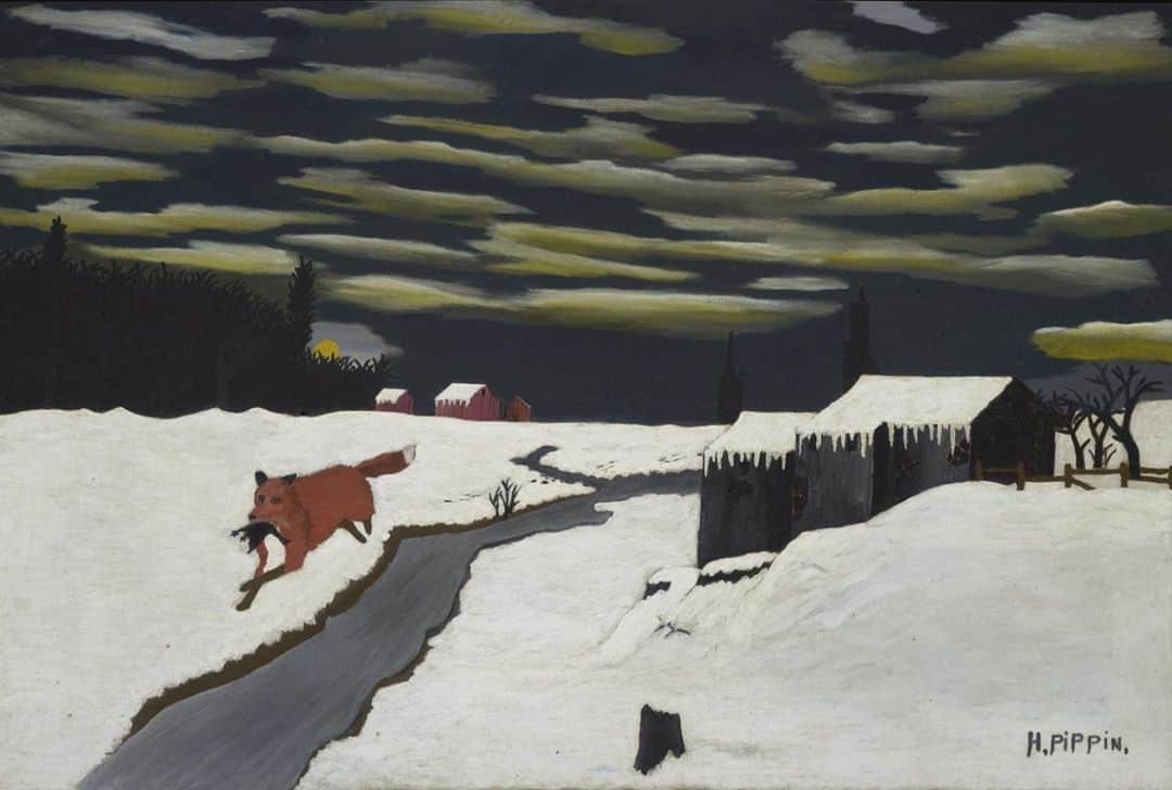 のインスタグラム：「Horace Pippin began "The Getaway" as a daytime scene with a blue sky, red barns, and a fox standing still in the snow. His inspiration to transform the work into a nighttime setting may have come from seeing Winslow Homer’s "Fox Hunt" at the Pennsylvania Academy of the Fine Arts. In Homer’s painting, the fox is pursued by crows and appears to be running for its life. In Pippin’s snowy portrayal, the fox has captured a bird and escapes in the moonlight. See this and other works by Pippin in our collection in our installation "Horace Pippin: From War to Peace," now on view.  "The Getaway," 1939, by Horace Pippin」