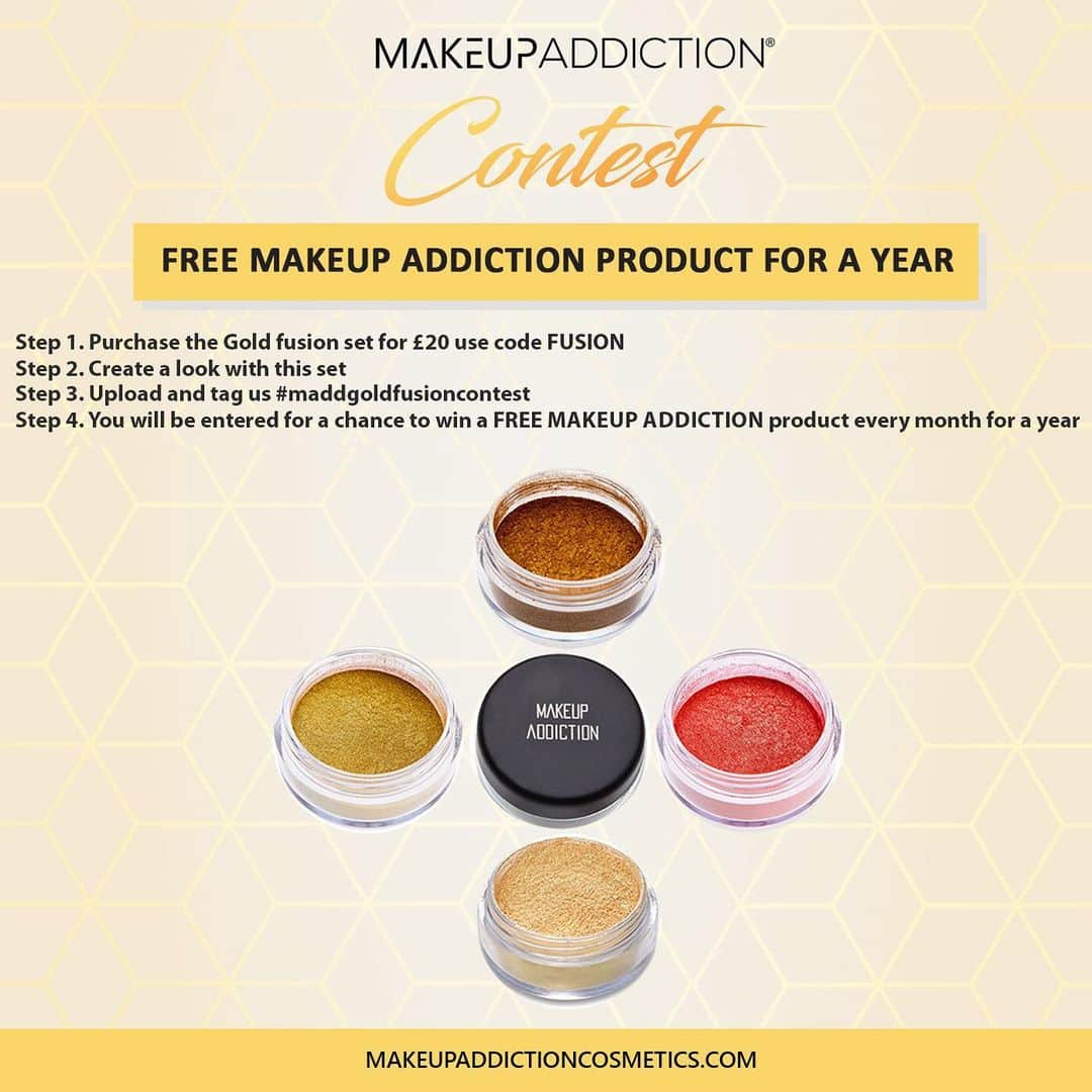 Makeup Addiction Cosmeticsさんのインスタグラム写真 - (Makeup Addiction CosmeticsInstagram)「It’s contest time! 😍😍😍 Want to win a FREE Makeup Addiction product for a year? 😱😱😱  Follow the rules on flyer.  You have until January 31st to grab your Gold fusion set. Use the code FUSION to get the £10 off the set, which makes it £20. ✨  Submissions for the look created must be made by February 10th. 🎨  The winner will receive a FREE makeup addiction product sent to them every month for a year.😱😱  Now that’s a contest. Tag a friend so they can participate 👍🏾  #maddgoldfusioncontest #makeupaddictioncosmetics」1月13日 22時16分 - makeupaddictioncosmetics