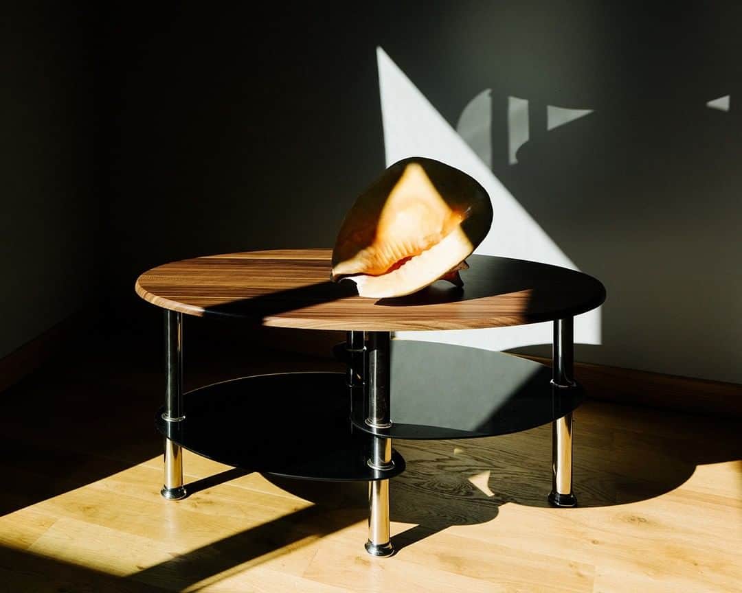 ミラショーンのインスタグラム：「Spotlight with giant shell ⠀ ⠀ ⠀ #milaschon #giantshell #roundtable #geometrictable #lightsandshadows #sunsetlights」