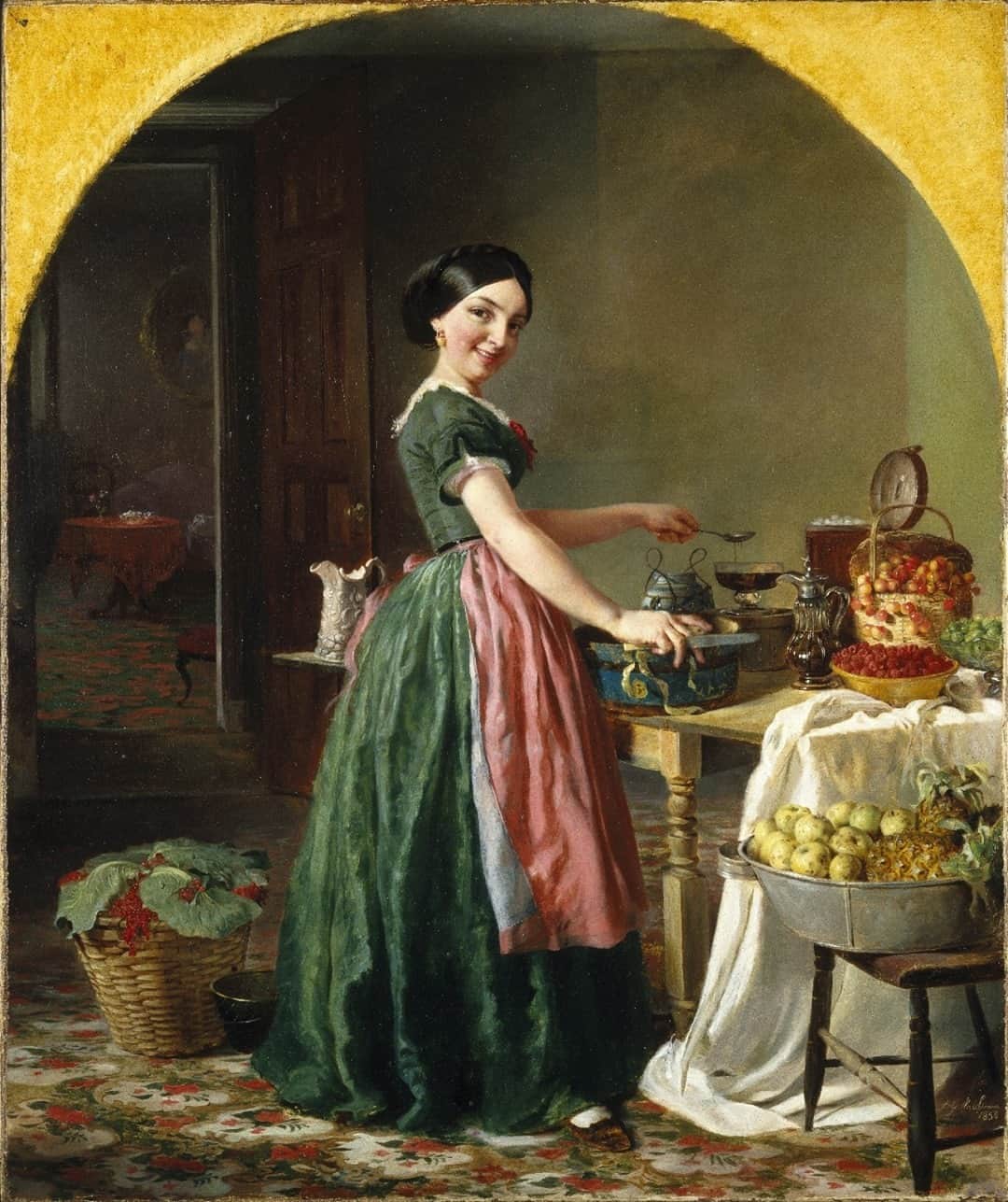 のインスタグラム：「⁠Take a close look at this painting. How would you describe the person depicted? What might she be thinking? This genre painting, which shows a slice of daily life in the nineteenth century, was painted by Lily Martin Spencer, and shows a woman preserving fruit. Explore the world of this painting in today’s #HowToLook with A.R.T. Guide Ellen Sussman. Then, reflect on what daily activities you complete. What might a genre painter depict you doing? What would you want to tell the viewer? Share your reflections on what such a genre painting in 2021 might depict in the comments below.⁠ ⁠ Lilly Martin Spencer (American, born England, 1822-1902). Kiss Me and You'll Kiss the 'Lasses, 1856. Oil on canvas. Brooklyn Museum, A. Augustus Healy Fund, 70.26」
