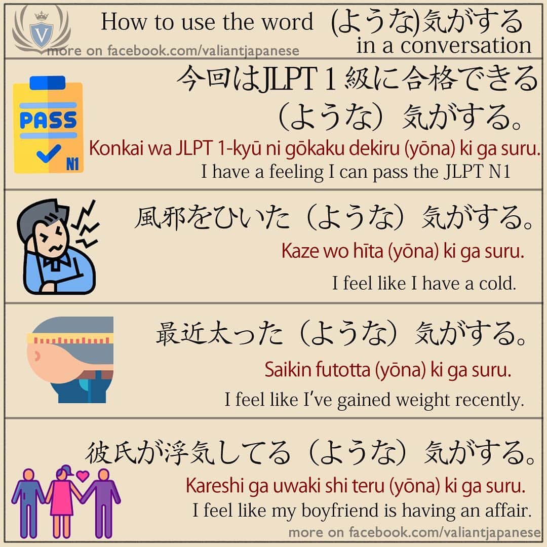Valiant Language Schoolさんのインスタグラム写真 - (Valiant Language SchoolInstagram)「・ 🖌: @valiantjapanese ・ ⛩📓: Simple Japanese: How to use “気がする” in a sentence. 🧑🏻‍🏫  . Let’s study Japanese with ValiantJapanese ! . . . . . . . . .  #japón #japonês #japaneselanguage #japones #tokio #japan_of_insta #japonais #roppongi #lovers_nippon #igersjp #ig_japan #japanesegirl #Shibuyacrossing #日本語 #漢字 #英語 #ilovejapan #도쿄 #六本木 #roppongi #日本  #japan_daytime_view  #일본 #Япония #hiragana #katakana #kanji #tokyofashion」1月13日 23時15分 - valiantjapanese