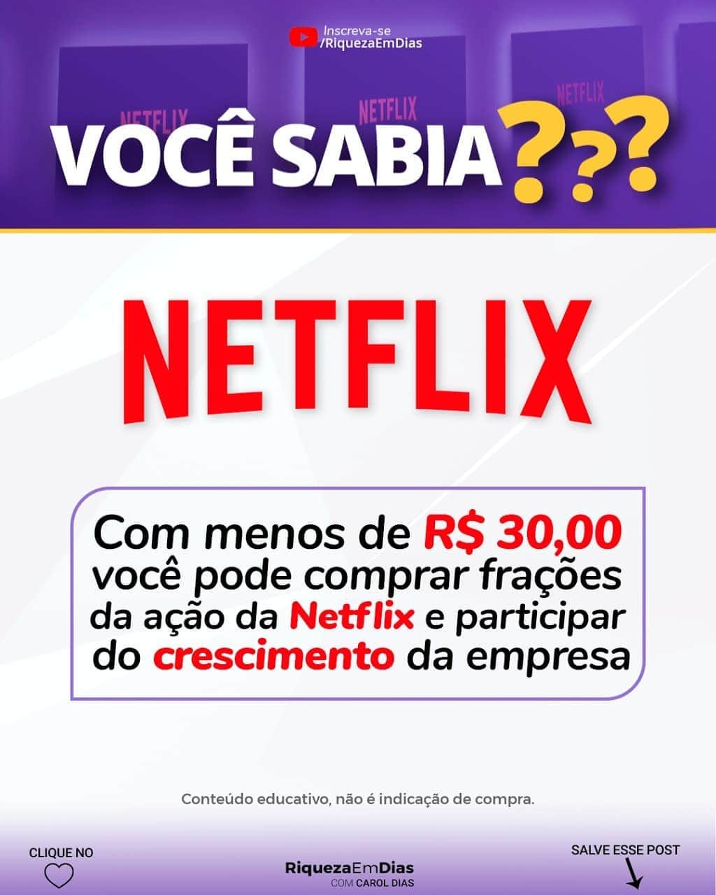 Carol Diasさんのインスタグラム写真 - (Carol DiasInstagram)「Você sabia disso? . É possível ser sócio da Netflix com pouco dinheiro e participar do crescimento da empresa no longo prazo. .  Quer aprender como investir em ações no exterior? 🇺🇸 . 📌Comenta EU QUERO e marque um amigo nos comentários e corre que o link está nos meus STORIES  .  ❤️ Curta o post 💾 Salve a arte para ver depois ➡️ Ative as notificações para receber todo conteúdo novo que eu postar aqui  #investimentos #dinheiro #empreendedorismo  #investimento  #fundosimobiliários #investir  #trader  #mercadofinanceiro #bolsadevalores  #finanças  #fiis  #economia #finançaspessoais #planejamentofinanceiro #investidor  #liberdadefinanceira  #investidorinteligente #caroldias #rendavariavel #ações #comoinvestir #educaçãofinanceira #buyandhold #voabrasil #riquezaemdias #dividendos #acoes #ações #netflix」1月14日 0時03分 - caroldias