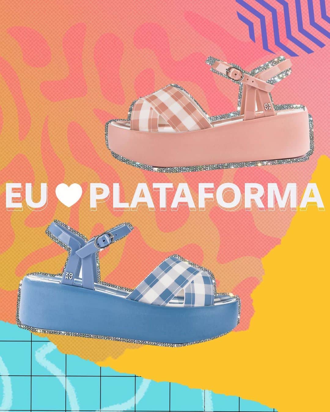 ザクシーのインスタグラム：「Quem mais AMA uma plataforma? Melhor ainda se ela for toda charmosa, com detalhe em xadrez e saltão colorido, né? Então aproveita que tem promoção* no nosso site! Vários modelos lindos com descontos de até 20%. #LiquidaVerãoZaxy   #ZaxyEnjoy - de R$89,99 por R$71,99  *Promoção válida em lista selecionada entre os dias 06/01/2021 e 31/01/2021 ou enquanto durarem os estoques.  Compre agora mesmo pelas tags no post, pelo link na bio ou na nossa loja online www.zaxy.com.br  #pracegover #pratodosverem: Na foto, temos o fundo em tons de rosa, laranja e amarelo. No centro, temos o seguinte texto: Eu <3 plataforma. Temos também dois modelos da Zaxy Enjoy, um modelo de plataforma que possui tiras frontais em estampa xadrez e o fechamento lateral com uma fivelinha.」