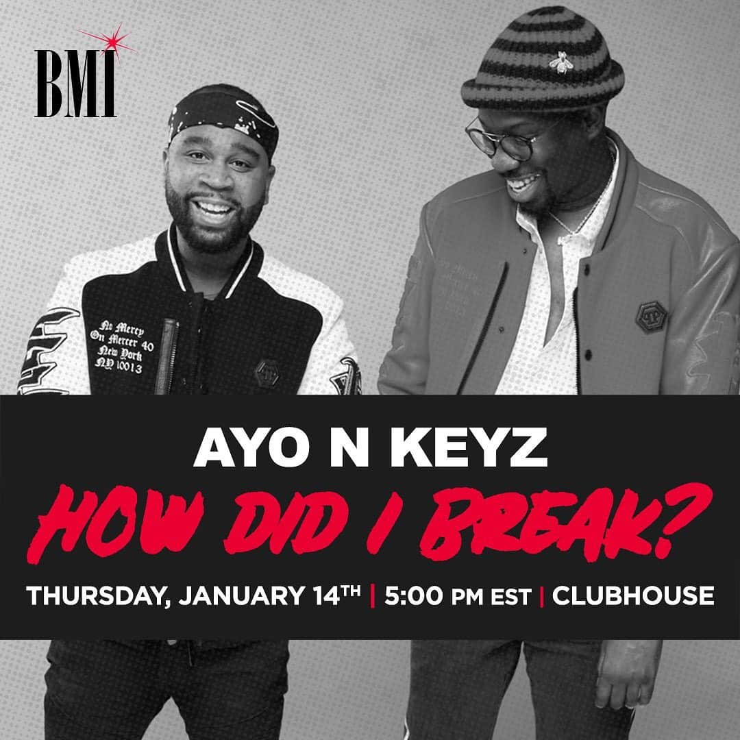 Broadcast Music, Inc.さんのインスタグラム写真 - (Broadcast Music, Inc.Instagram)「How Did I Break with @ayotheproducer and @itskeyzbaby.  Find out how the producing duo #AyoNKeyz got their big break in the music 🎶 industry and cut their teeth 🦷 🦷 working on tracks for #ChrisBrown, #CardiB and more. Join us for a lively discussion on Thursday, 1/14 at 5pm EST, only on #Clubhouse.」1月14日 1時54分 - bmi