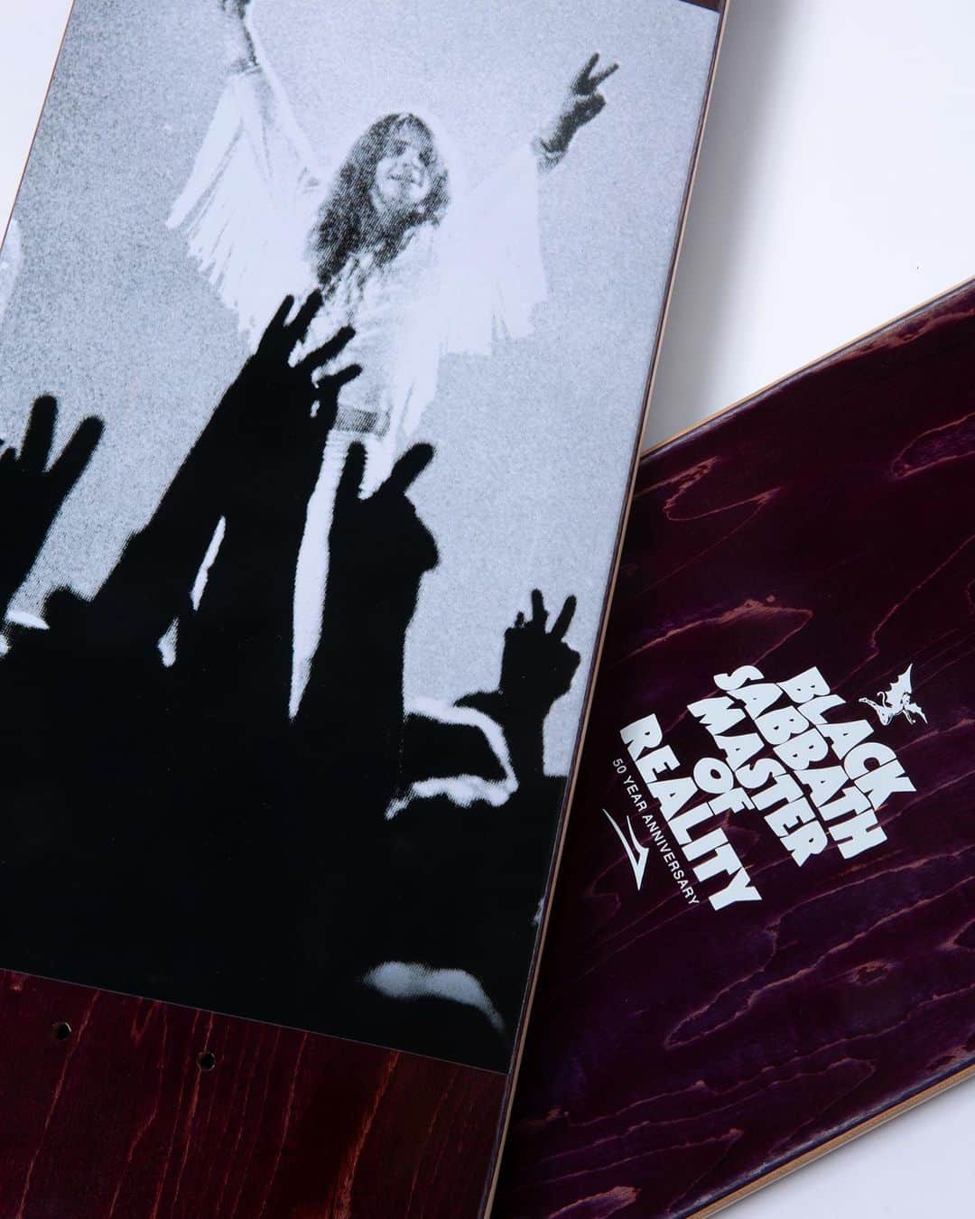 ラカイリミテッドフットウェアのインスタグラム：「50 year anniversary limited edition @blacksabbath boards are available now at skate shops world wide and Lakai.com 🤘 8.25 x 32 1/4 inch #LakaiXBlackSabbath」