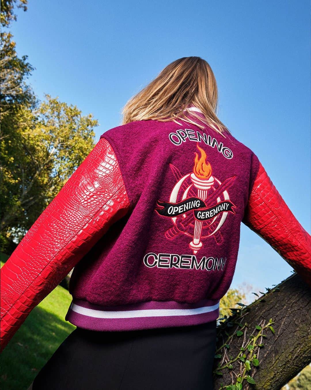 オープニングセレモニーのインスタグラム：「The Varsity jacket, shop it now before it’s too late.🔥 Available on openingceremony.com  📸 by @jimcnedd / styling by @franciferretti / model @chiamazzoleni」