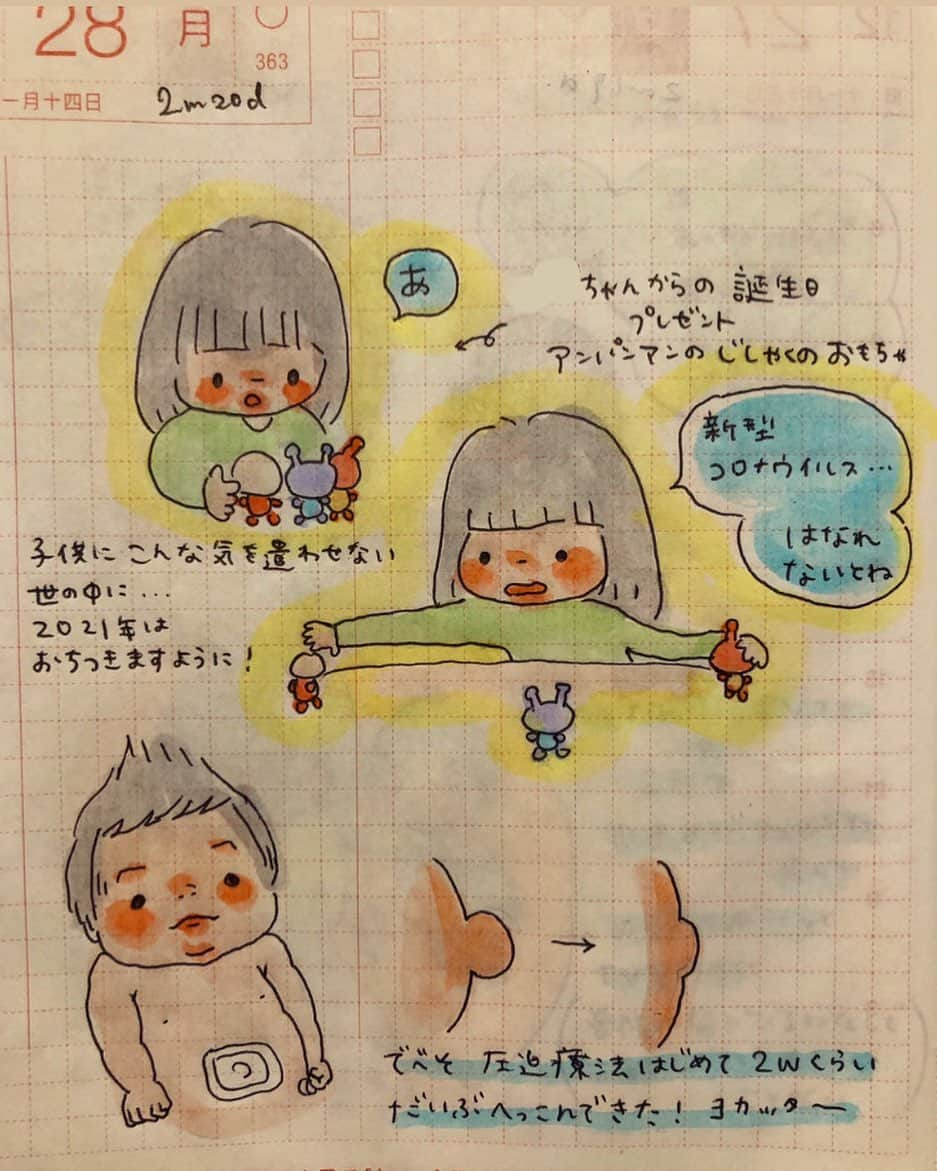 misaのインスタグラム：「#ほぼ日 #ほぼ日手帳  #ほぼ日絵日記 #絵日記 #育児日記 #育児絵日記 #hobonichi  #イラスト #illust #クリーンカラー#4y#2m20d#生後2ヶ月#臍ヘルニア#でべそ」