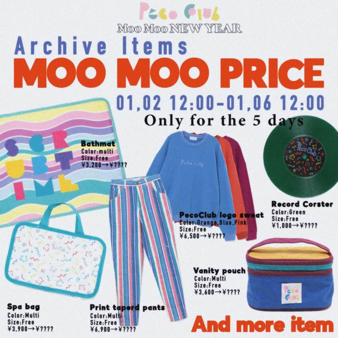 PECO CLUBのインスタグラム：「🐄Moo Moo price🐄 Only for the 5days!! ㅤㅤㅤㅤㅤㅤㅤㅤㅤㅤ Peco ClubのNew Year Eventのスペシャル企画！ 【2021年1月2日 昼12:00〜1月6日 昼12:00】 5日間限定でアーカイブアイテムをお得なMoo Moo priceにて販売しちゃいます🛒 是非この機会に、Peco Club WebStoreをのぞいてみてね☀️  ※商品画像は一例になります。 ※一部対象外商品もございます。 ※2021年1月2日 12:00よりMoo Moo Priceに変更されます。 ㅤㅤㅤㅤㅤㅤㅤㅤㅤㅤ  #pecoclub #moomoonewyear #newyearevent」