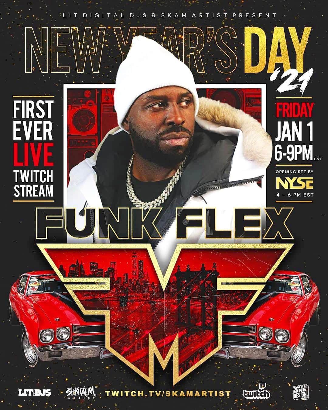 ファンクマスター・フレックスのインスタグラム：「My first ever @twitch set! I will be in rare form! New Year’s Day!  1/1/2021 @funkflex twitch.tv/skamartist  6PM EST - 9PM EST  Support by @djnyse_ starts @4PM EST」