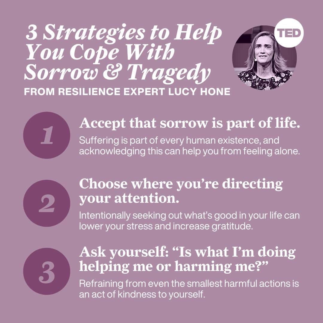 TED Talksのインスタグラム：「It’s been a tough year, but take it easy on yourself, OK? No one is just born with resilience — you have to cultivate it. ”Resilience isn't some fixed trait. It's not elusive, that some people have and some people don't," says researcher Dr. Lucy Hone (@wildandpreciouslives). "It is utterly possible to make yourself think and act in certain ways that help you navigate tough times." These simple tips can help you get perspective, focus on what's important and take back control of your life. That way, the next time adversity strikes, you'll be better prepared. Watch her full TED Talk at the link in our bio.」