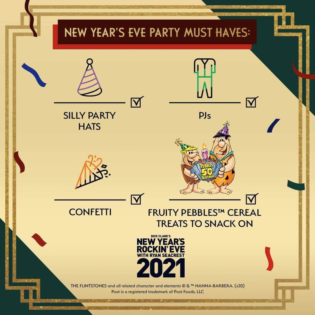 アメリカン・ブロードキャスティング・カンパニーのインスタグラム：「✅ PJs ✅ Party Hat ✅ Fruity PEBBLES™ cereal to make sweet treats and use as confetti   Sponsored by @PebblesCereal // Can't wait to ring in the New Year from Bedrock with @RockinEve」