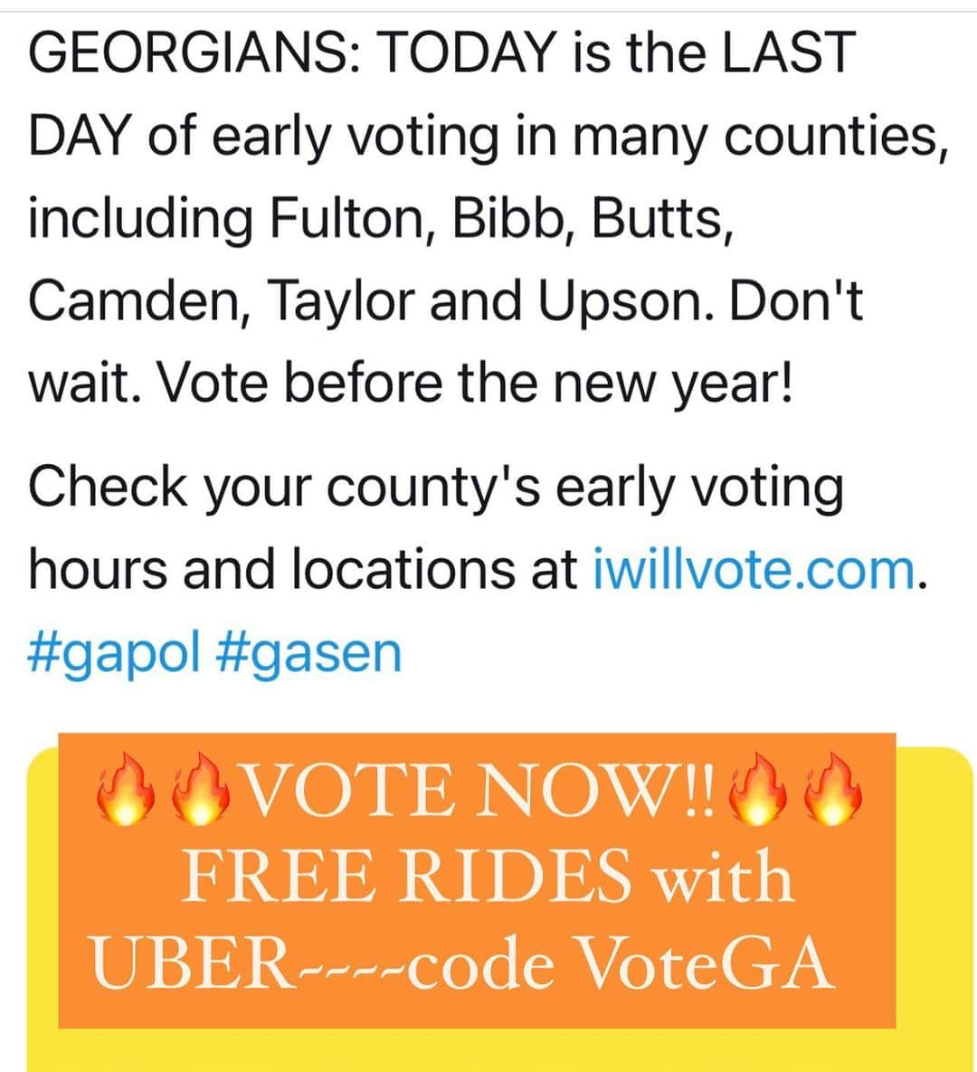 デブラ・メッシングさんのインスタグラム写真 - (デブラ・メッシングInstagram)「LAST DAY OF EARLY VOTING in these Counties 🔥🔥🔥🔥🔥🔥🌊🌊🌊  #fultoncounty  #bibbcounty  #buttscounty  #camdencounty  #taylorcounty  #upsoncounty   GO!! NOW!! It’s URGENT you use your POWER!   If you get in line before polls closed they MUST LET YOU VOTE.🇺🇸  DO NOT GET OUT OF LINE!  Tell your kids, your neighbors to go and VOTE. It’s a 5 minute line in many places!   You can vote at ANY polling station in your county.  #UBER free rides with code VoteGA.  #georgiaonmymind #georgiapeach #atlanta #savannah #Dekalb #Cobb #JonOssoff #RaphaelWarnock #civilrights #votingrights #johnlewis #goodtrouble #COVID19 Relief #veterans #climate #FlipTheSenate #senate #vote #election #BlueWave #ossoff #warnock #BidenHarris 🇺🇸」12月31日 4時20分 - therealdebramessing