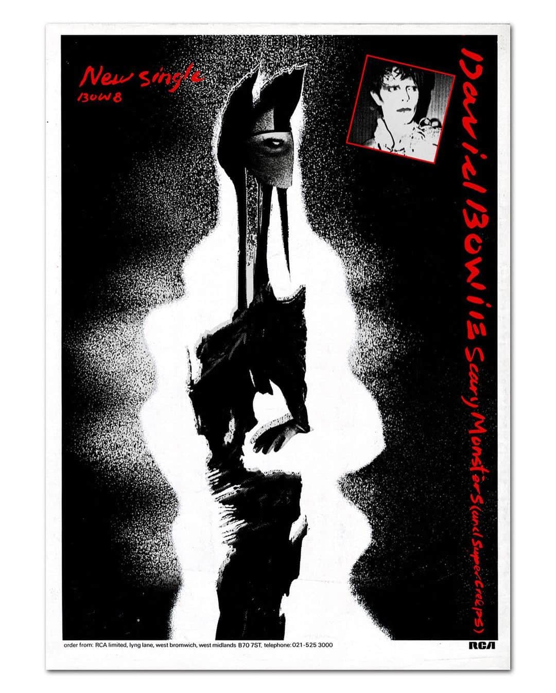 デヴィッド・ボウイさんのインスタグラム写真 - (デヴィッド・ボウイInstagram)「DAILY BOWIE THING – Day 60  “Scary monsters, super creeps, Keep me running, running scared...”  Back on Day 39 of #DailyBowieThing we posted Edward Bell’s iconic 1980 artwork, David Bowie Glamour, issued as a poster and a calendar in 1981.   As we mentioned then, Mr Bell created original artwork for Scary Monsters (And Super Creeps) and the associated singles from the album: Ashes To Ashes, Fashion, Scary Monsters (And Super Creeps) and Up The Hill Backwards, along with various promotional adverts and posters for all the above.   Before we leave the 40th year anniversary of the album we thought we would share some of those posters and adverts along with one for Crystal Japan. This is but a small selection from those out there and there are enough items of Scary Monsters memorabilia to fill a hefty booklet or weighty pamphlet. (What’s the difference between a booklet and a pamphlet anyway?)  Bell created the Scary Monsters album artwork from one of his own photographs, that he took alongside Brian Duffy at the same session. A fragment of one of Brian’s shots was used for the background of the album cover and three of his images were used for the various Ashes To Ashes sleeves and the US album and single instore poster, picture #3 in this collection.  The OFTEN COPIED NEVER EQUALLED run of six adverts in the music press were all different, each with a unique artwork created by Edward with different shots he took at the album session. Collect the set, if you can find them.   #DailyBowieThing  #BowieAdverts  #BowieEdwardBell  #BowieDuffy」12月31日 10時11分 - davidbowie