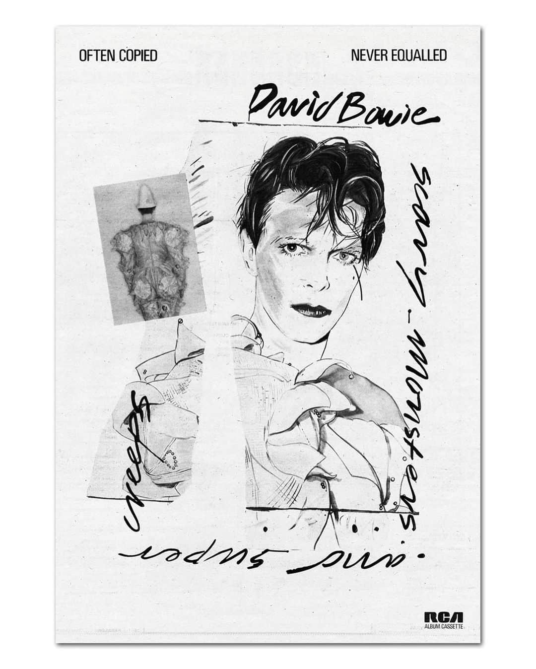 デヴィッド・ボウイさんのインスタグラム写真 - (デヴィッド・ボウイInstagram)「DAILY BOWIE THING – Day 60  “Scary monsters, super creeps, Keep me running, running scared...”  Back on Day 39 of #DailyBowieThing we posted Edward Bell’s iconic 1980 artwork, David Bowie Glamour, issued as a poster and a calendar in 1981.   As we mentioned then, Mr Bell created original artwork for Scary Monsters (And Super Creeps) and the associated singles from the album: Ashes To Ashes, Fashion, Scary Monsters (And Super Creeps) and Up The Hill Backwards, along with various promotional adverts and posters for all the above.   Before we leave the 40th year anniversary of the album we thought we would share some of those posters and adverts along with one for Crystal Japan. This is but a small selection from those out there and there are enough items of Scary Monsters memorabilia to fill a hefty booklet or weighty pamphlet. (What’s the difference between a booklet and a pamphlet anyway?)  Bell created the Scary Monsters album artwork from one of his own photographs, that he took alongside Brian Duffy at the same session. A fragment of one of Brian’s shots was used for the background of the album cover and three of his images were used for the various Ashes To Ashes sleeves and the US album and single instore poster, picture #3 in this collection.  The OFTEN COPIED NEVER EQUALLED run of six adverts in the music press were all different, each with a unique artwork created by Edward with different shots he took at the album session. Collect the set, if you can find them.   #DailyBowieThing  #BowieAdverts  #BowieEdwardBell  #BowieDuffy」12月31日 10時11分 - davidbowie