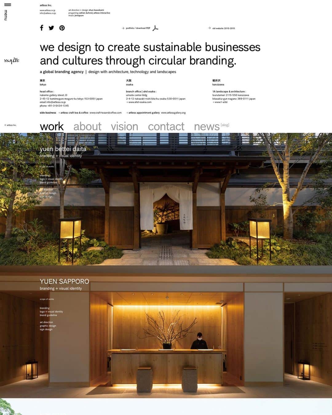 川上俊のインスタグラム：「artless Inc. (New vision & brand strategy for 2021) :  we design to create sustainable businesses and cultures through circular branding.  ー  artlessは、2001年に起業しているので、来年2021年に20周年を迎えます。2020年、地球規模的な変化とともに自分自身のライフスタイルやマインドセットの変化もあり、新しい時代に向けての ビジョン 、アイデンティティ、ブランドストラテジーを明確にしアップデートしました。  今回のアップデートは、リアルテックファンドやWOWのコンセプターとして活躍する KANDO の田崎くんと、これから未来のためのデザインとブランディングについてディスカッションし、サーキュラーブランディングというコンセプトワードを創作し設定しています。  社会変動と地球規模で深刻化する気候変動に対してデザインが果たす役割、リニアエコノミーから循環型経済／サーキュラーエコノミーへのシフト、従来のリニアデザインではなく環境意識を高めるブランディングや、環境負荷を限りなく低くする素材や自然環境に貢献するデザインやテクノロジー、持続的なライフスタイルデザインなど、デザインにおいても、全てが循環するサーキュラーデザインの時代にシフトさせなければならません。  ウォッシュではないサステナビリティにフォーカスし、サーキュラーデザインによるブランディング『サーキュラーブランディング』というartless 独自のデザインや美意識を基軸とした循環型ブランドストラテジーで、これからの時代が必要とする社会や次世代のための文化を牽引するビジョンリーディングカンパニーになろうと、2021年も少し背伸びをして視座と視点を高く生きていこうと思います。  artless Inc.  a global branding agency  design with architecture, technology and landscapes based in tokyo, osaka, karuizawa  established in 2001 www.artless.co.jp  #shunkawakami #artlessinc」