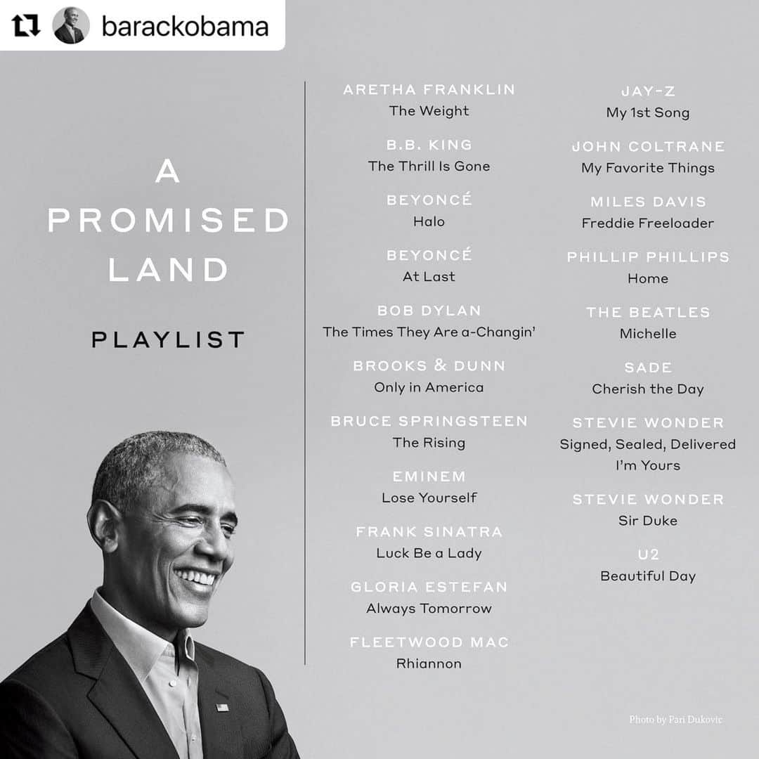 Sachiのインスタグラム：「#Repost @barackobama with @make_repost ・・・ Music has always played an important role throughout my life—and that was especially true during my presidency. While reviewing my notes ahead of debates, I’d listen to Jay-Z’s “My 1st Song” or Frank Sinatra’s “Luck Be a Lady.” Throughout our time in the White House, Michelle and I invited artists like Stevie Wonder and Gloria Estefan to conduct afternoon workshops with young people before performing an evening show in the East Room. And there were all sorts of performances I’ll always remember—like Beyoncé performing “At Last” for our first dance at our inauguration, Paul McCartney serenading Michelle in the East Room with, “Michelle" and Bob Dylan flashing me a grin before vanishing after his performance of “Times They Are a-Changin.” So in honor of my book coming out tomorrow, I thought I’d put together a playlist with some of those songs. Hope you enjoy it. #APromisedLand  みて、きいて、かんじて.... 欠かせないもの。 それが今の自分を作っている。 どんな時代にも、素晴らしいものはある。 そこに目を向けたいです。  熱い熱い気持ちは大切にしていきたいです。 どんな時でも。 早くみんなで頭振って踊りたいよね🧠 . #passion#loveandpeace #music#music#music」