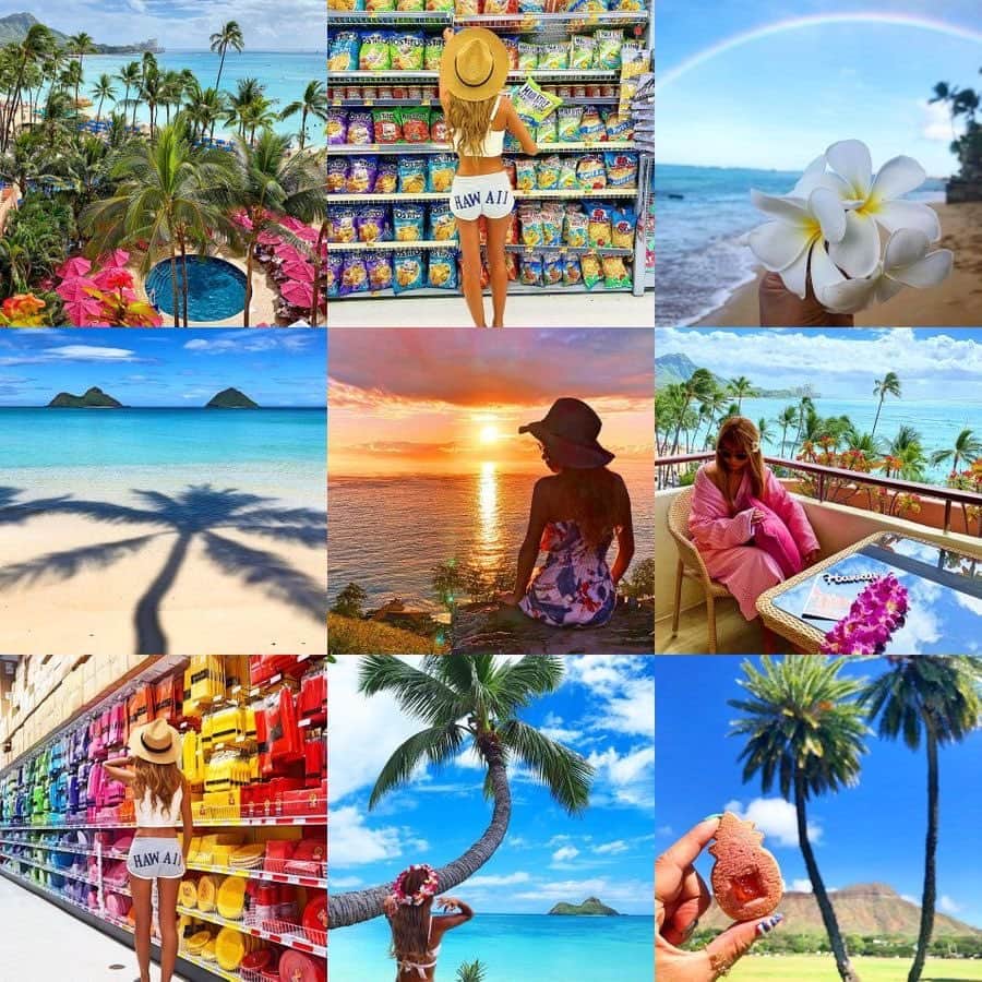 shihoのインスタグラム：「💗♡💗♡💗 ・ いつもはその年に行ったHawaiiの写真から お気に入りの写真をpostするのだけれど 今年は1度しか行けずだったので 初めてのベストナインで今年は締めくくり。 ・ 毎年だいたい2ヶ月に1回はHawaiiに行き 日本とHawaiiで生活を共にしていたけれど こんなにもHawaiiに行けない年は初めて。 行きたくても行けない悔しさや悲しさは きっとみんなも同じはず。 ・ 来年はコロナが終息し 〝ただいまーーっHawaii″ と言える日が 来る事を願うばかり。 ・ 今年もたくさんのいいねやコメント ありがとうございました🥺♥️ 2021年が皆さまにとって 愛溢れる、笑顔溢れる 素敵な年になりますように♡ ・ 良いお年をお迎えくださいませ♡ ・ #hawaii#islandofoahu#oahu#ハワイ#trip #オアフ島#travel#loco_hawaii#travel_jp #funtorip#タビジョ#旅MUSE#genic_travel #genic_mag#たびねす#旅行#genic_hawaii #ベストナイン#oahuhawaii」