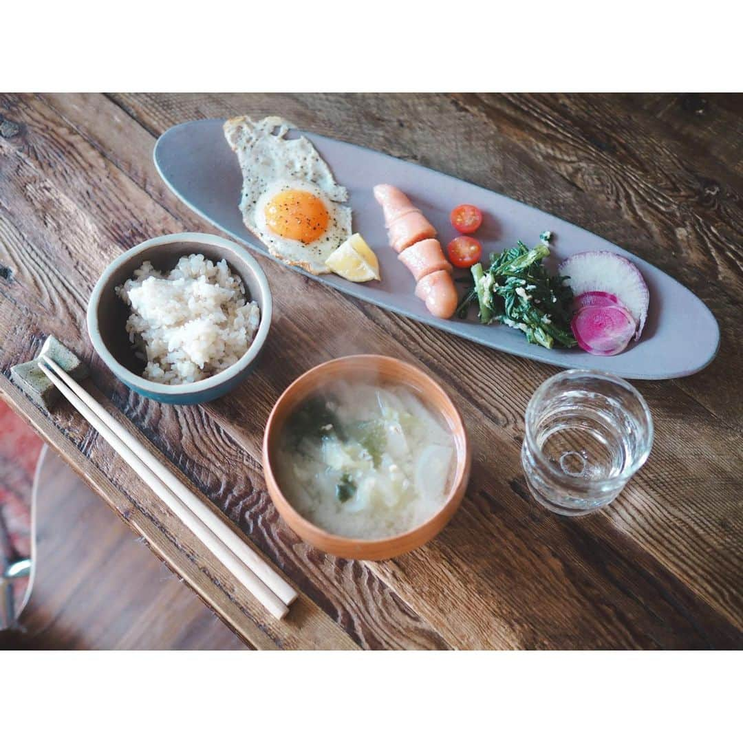 高山都さんのインスタグラム写真 - (高山都Instagram)「2020年最後の朝ごはん🍚 カブと白菜のお味噌汁 玄米 魚醤とごま油で目玉焼き @yamayafan の明太子 春菊とオツナ @otuna.tuna の和え物 #みやれゴハン お皿は #高山都の美食姿展 で大人気も過ぎた @3rd_ceramics さんの長皿新色のグレーピンクです。 全国の蔦屋さんで開催中の美食姿展もあと少し。 最後の最後の追加で入荷されたそうなので、お近くの方、年末のお買い物に行かれる方は覗いてみてくださいね。 我らがリーダーゆきちゃん @noconocoyuki 昨日はお誕生日でした。ゆきちゃん、いつもありがとう！おめでとう㊗️」12月31日 12時30分 - miyare38