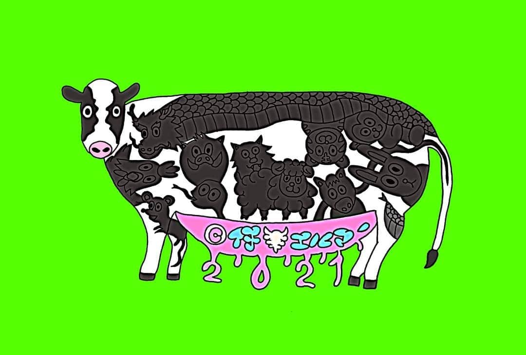 仔羊エルマーのインスタグラム：「#新年おめでとうございます  去年は#コロナ一色  #今年の干支 (#ウシ )は二色  #コロナ で失なったものを  モ～#牛 なわない年をお過ごしください  今年もよろしくおねがいし#羊 もうしあげ#ラム  #仔羊エルマー #art #illustration #新年 #happynewyear」